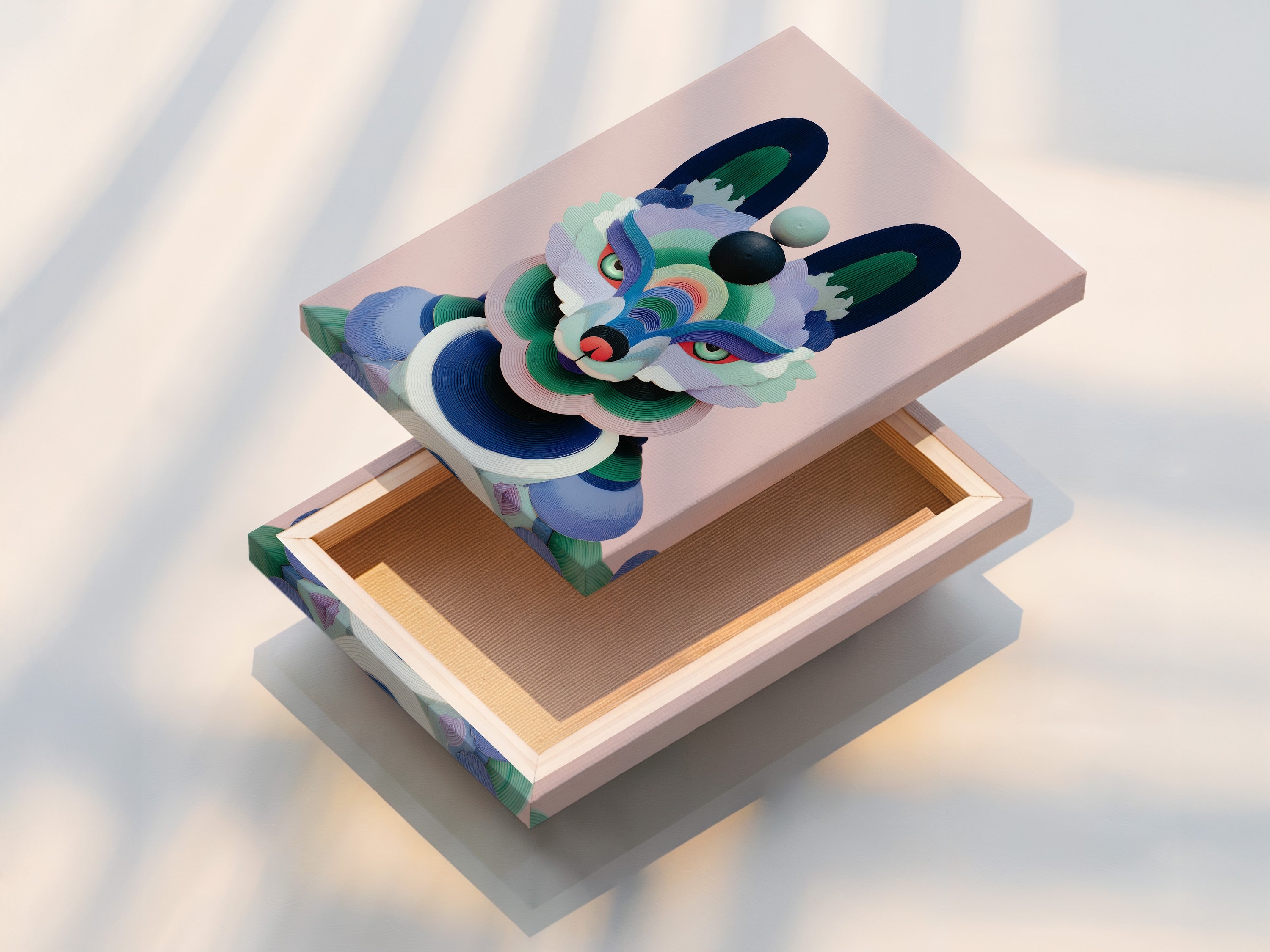 A stretched canvas print of geometric fox art. This contemporary artwork features a colorful abstract fox. Ideal for adding a modern playful touch to nurseries kids' rooms and creative spaces.