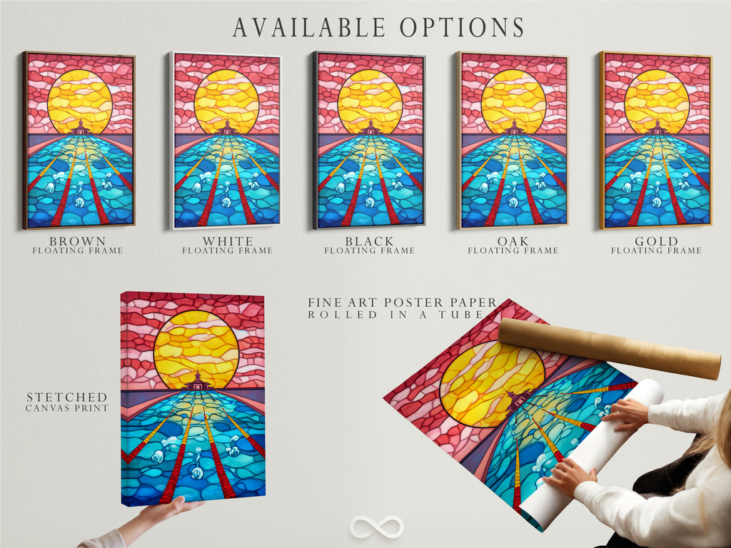 Available options for Stained Glass Ocean Artwork. Choose from a stretched canvas print. Fine art poster paper is also available. The floating frame enhances the underwater art. Select your preferred option.