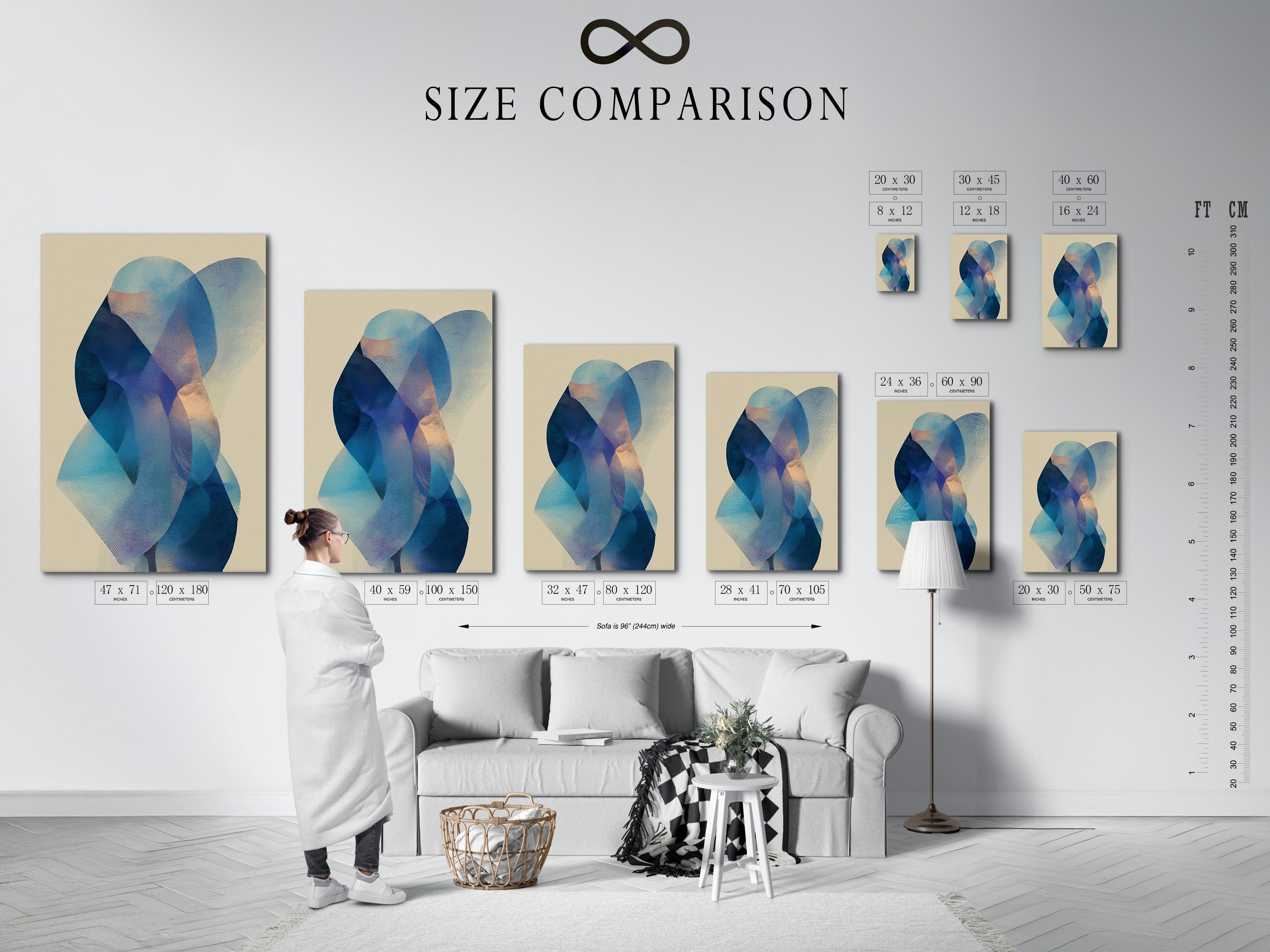 Here is a size comparison chart in an interior setting. See how different art print sizes look in a room. This chart helps you visualize the perfect size for your space. Make an informed decision about your art purchase. Ensure your artwork fits seamlessly into your home. Find the ideal size for your art with our comparison chart.