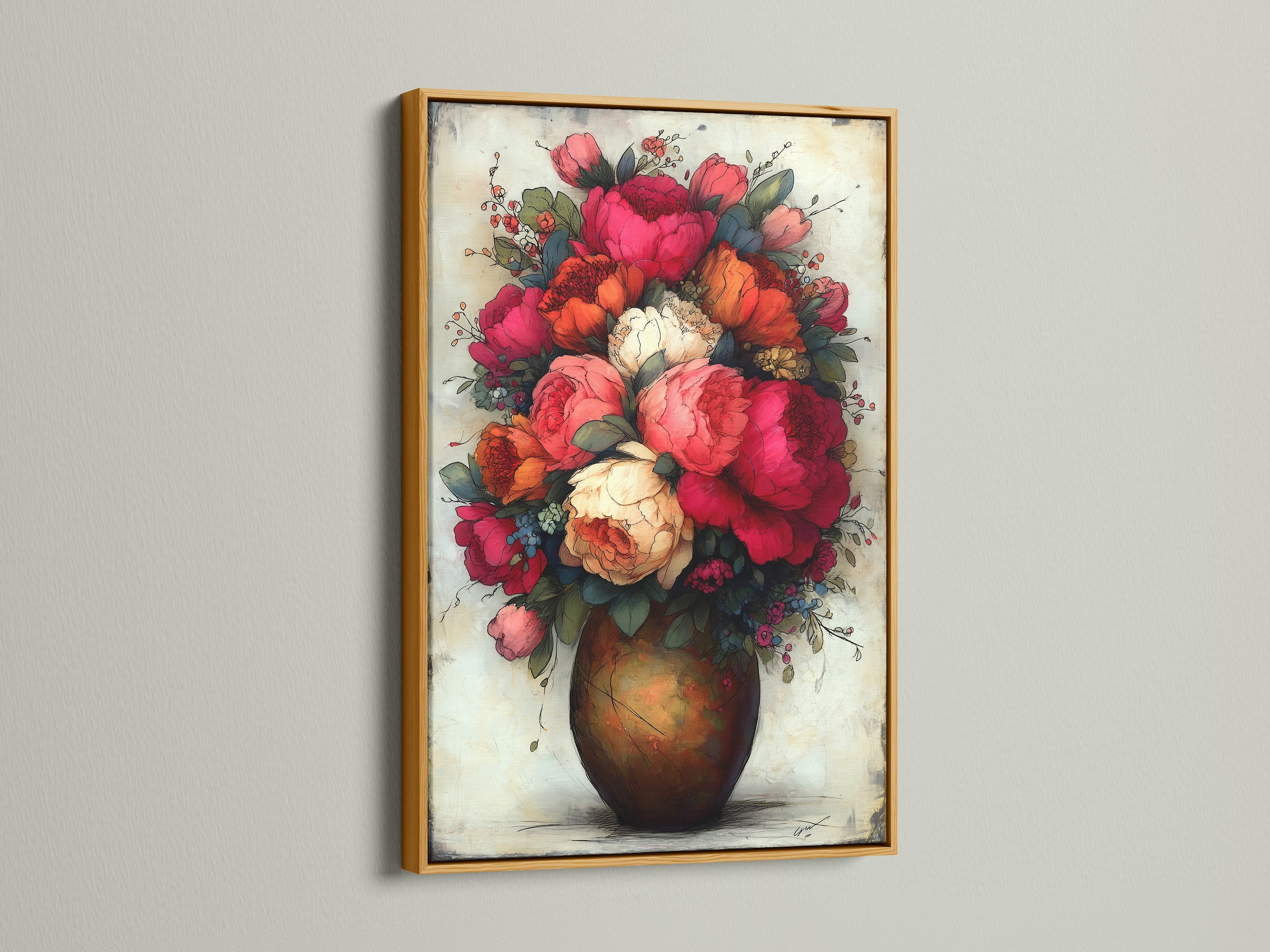 Floral bouquet art print featuring red peonies in a vintage botanical artwork style. The art is displayed in a gold frame. Explore our selection of floral home decor and flower canvas art to elevate your space. Discover red flower prints today.