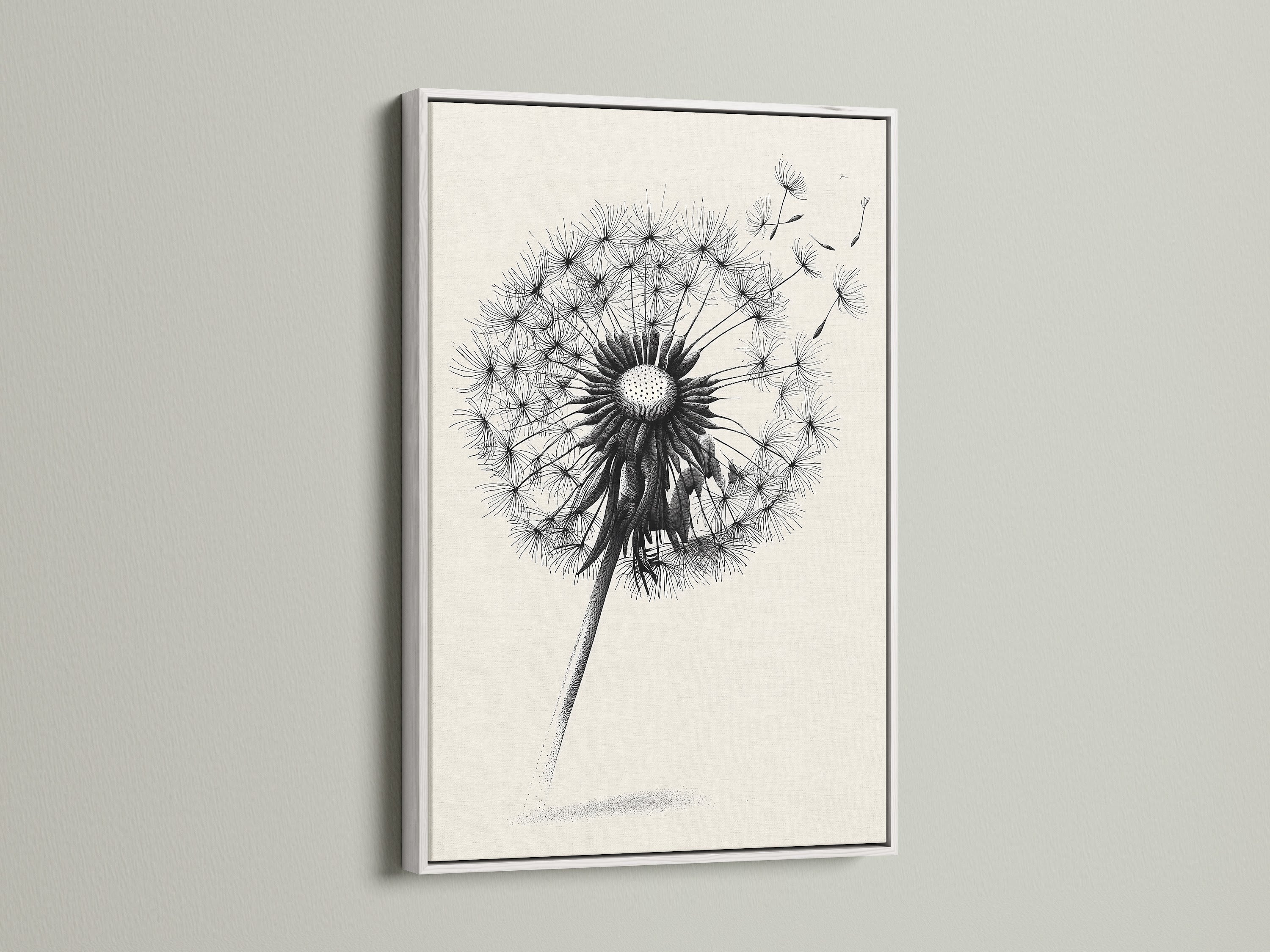 This image shows a dandelion artwork with a white frame. The white frame offers a clean and modern aesthetic. The artwork stands out. The white frame is versatile. It complements any interior style. It is ideal for displaying your artwork in a bright and contemporary way.
