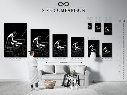 Check out the size comparison chart in a stylish interior. Find the perfect fit for your piano player artwork. The jazz musician canvas wall art is available in various sizes. Choose the ideal black and white music wall decor for your room.