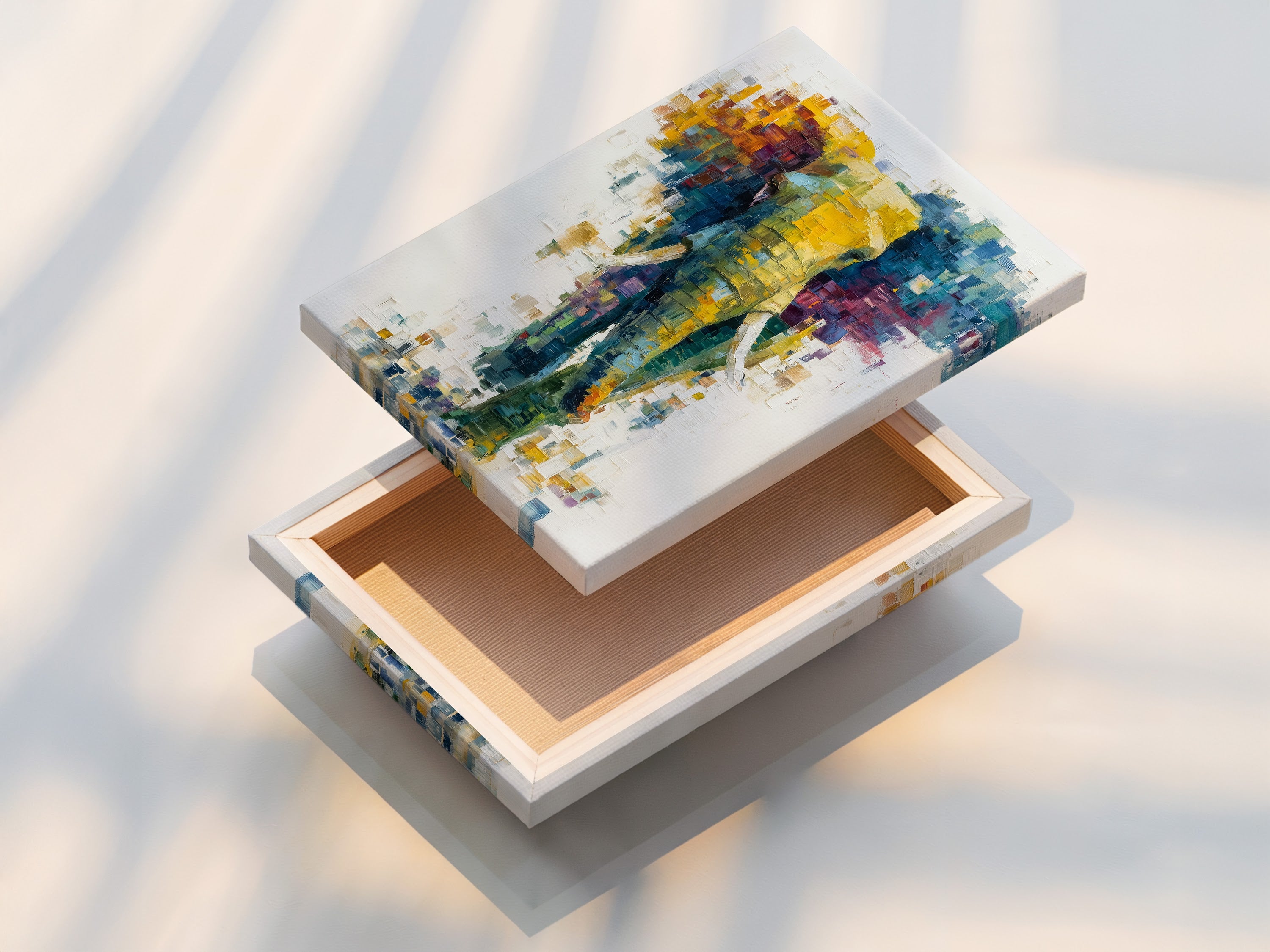 This image shows a stretched canvas print of an abstract elephant artwork. The canvas is tightly stretched and ready to hang. Enjoy a gallery-quality look with this modern animal art for your home or office.