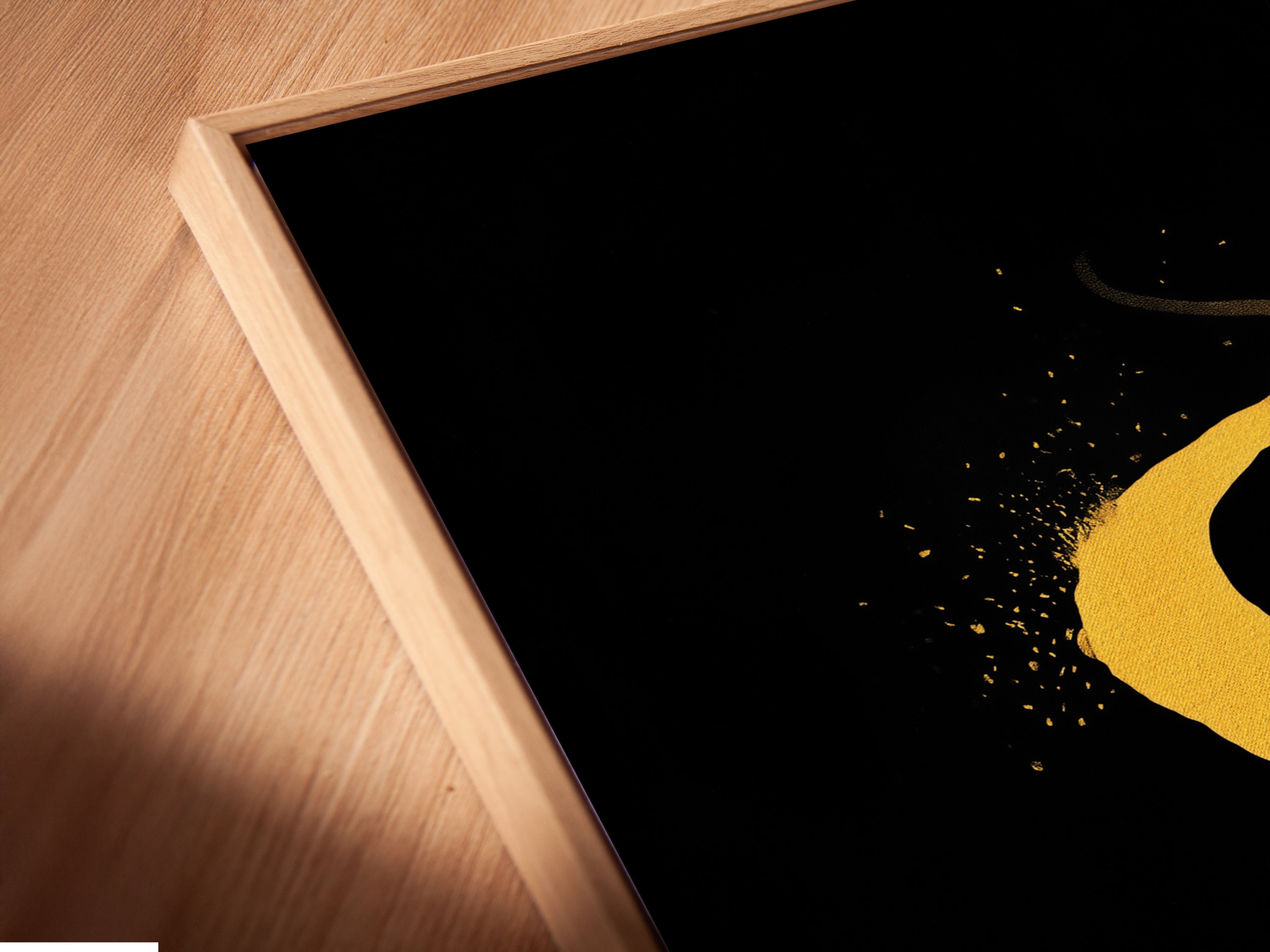 A close-up reveals the canvas print in a floating frame. Notice the sports car art with the yellow road. This modern car poster enhances any space. It's perfect automotive wall decor for a garage or studio.