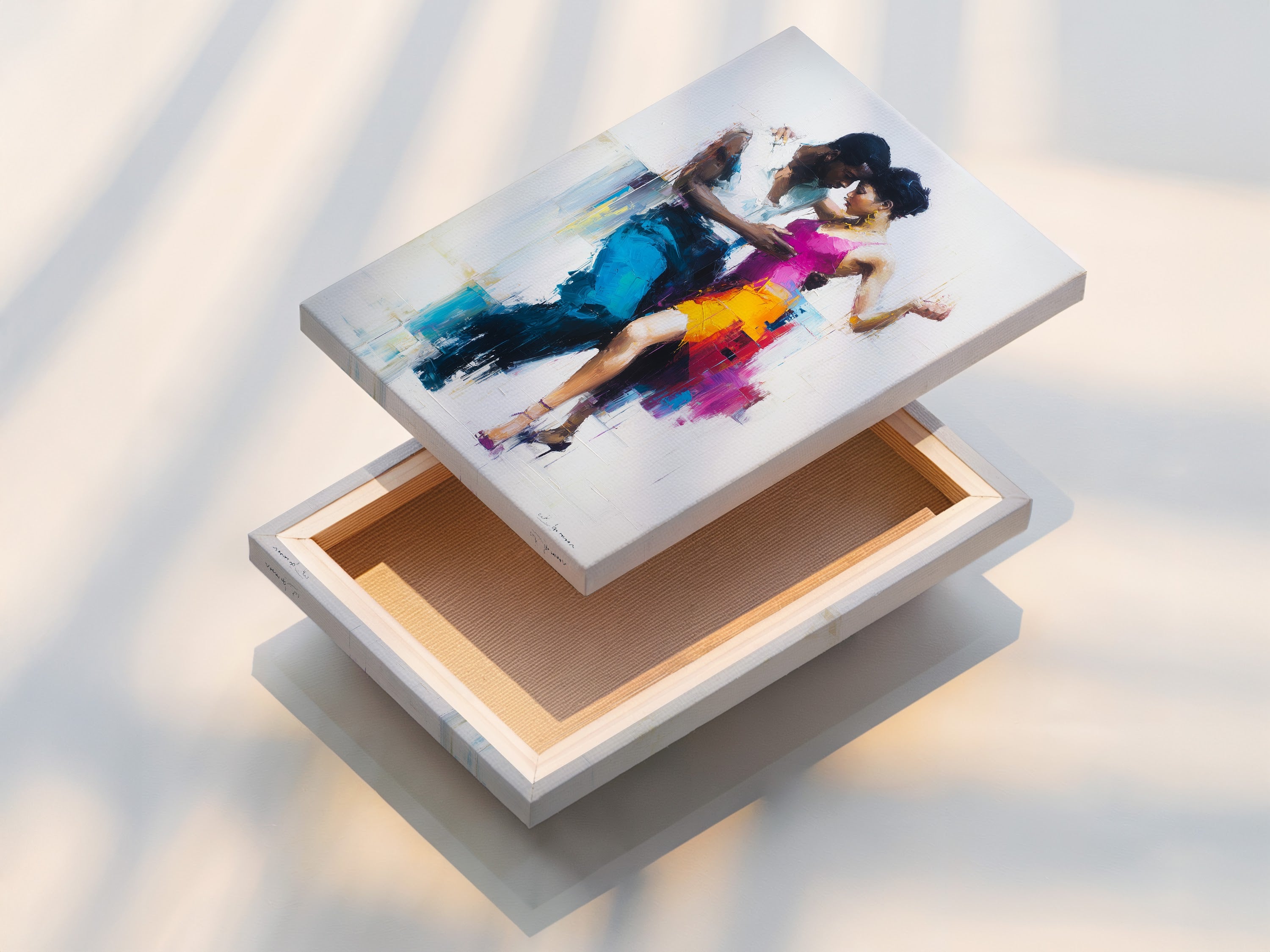 This is a stretched canvas print. The artwork features a dancing couple. The canvas texture enhances the art. It brings depth and dimension. The colors are vivid and expressive. The dancers are captured in a dynamic pose. This stretched canvas is ready to hang. It adds a touch of elegance to any wall.