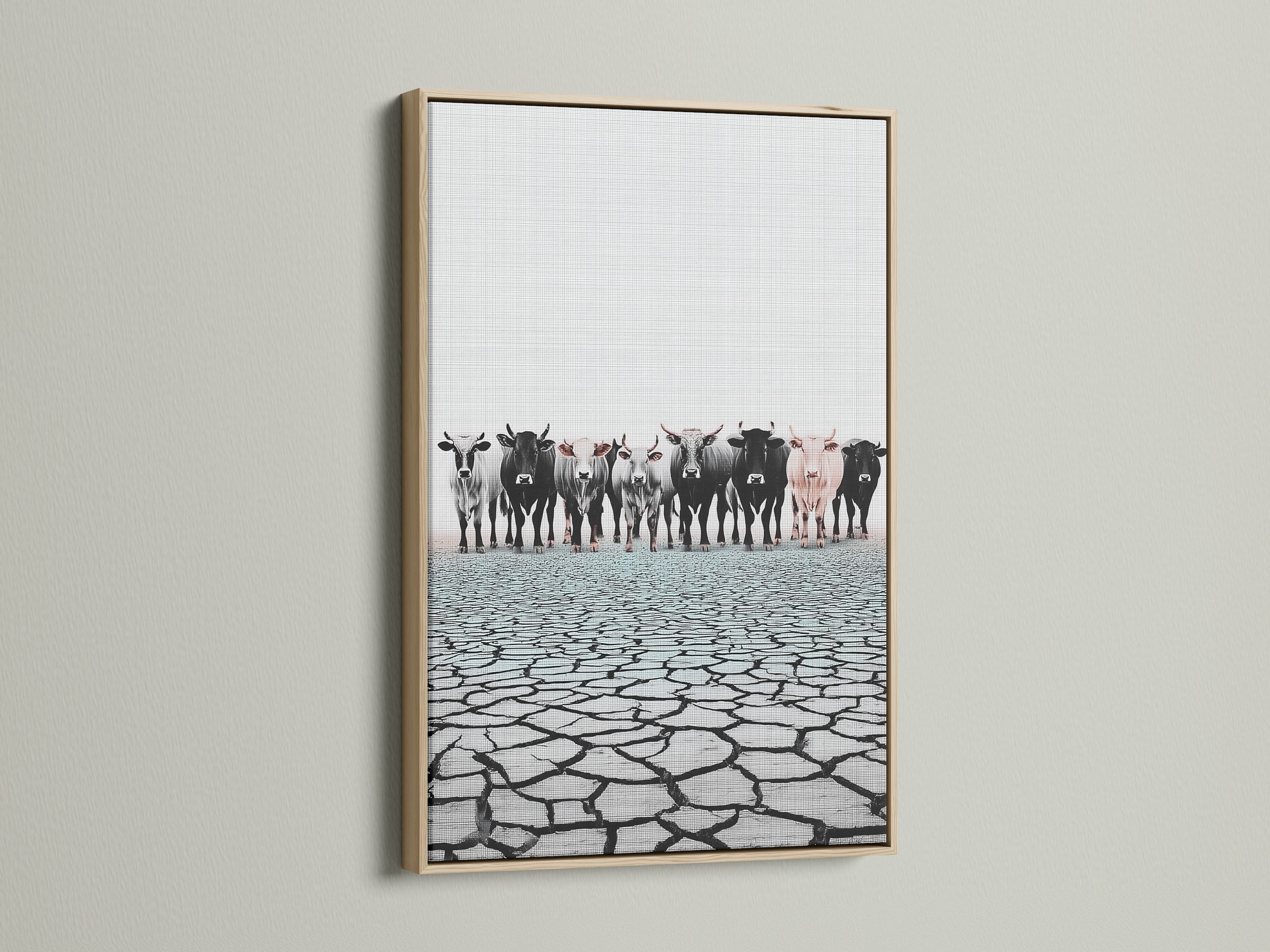 Cattle canvas print in an oak frame. Farm animal print offers a rustic touch to any room. Perfect countryside decor for a dining room or ranch. Discover oak framed artwork.