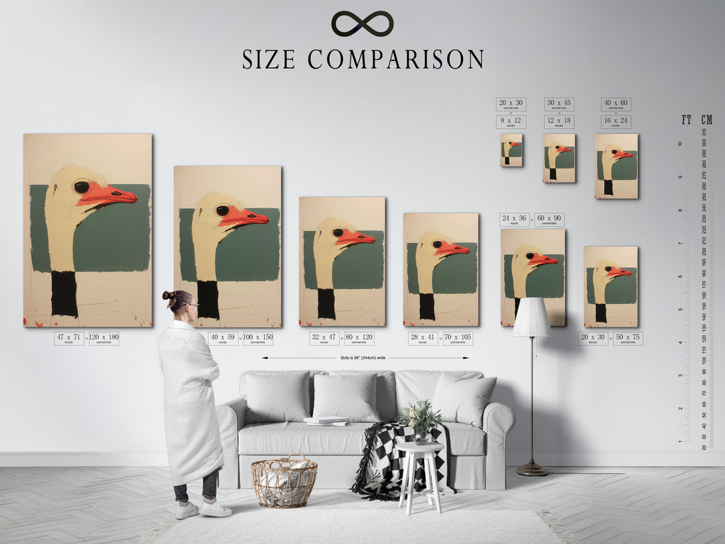 Size comparison chart in an interior setting. The chart helps visualize artwork sizes. See how different sizes fit in a room. Use this guide to choose the perfect size. Visualize art sizes in your space.