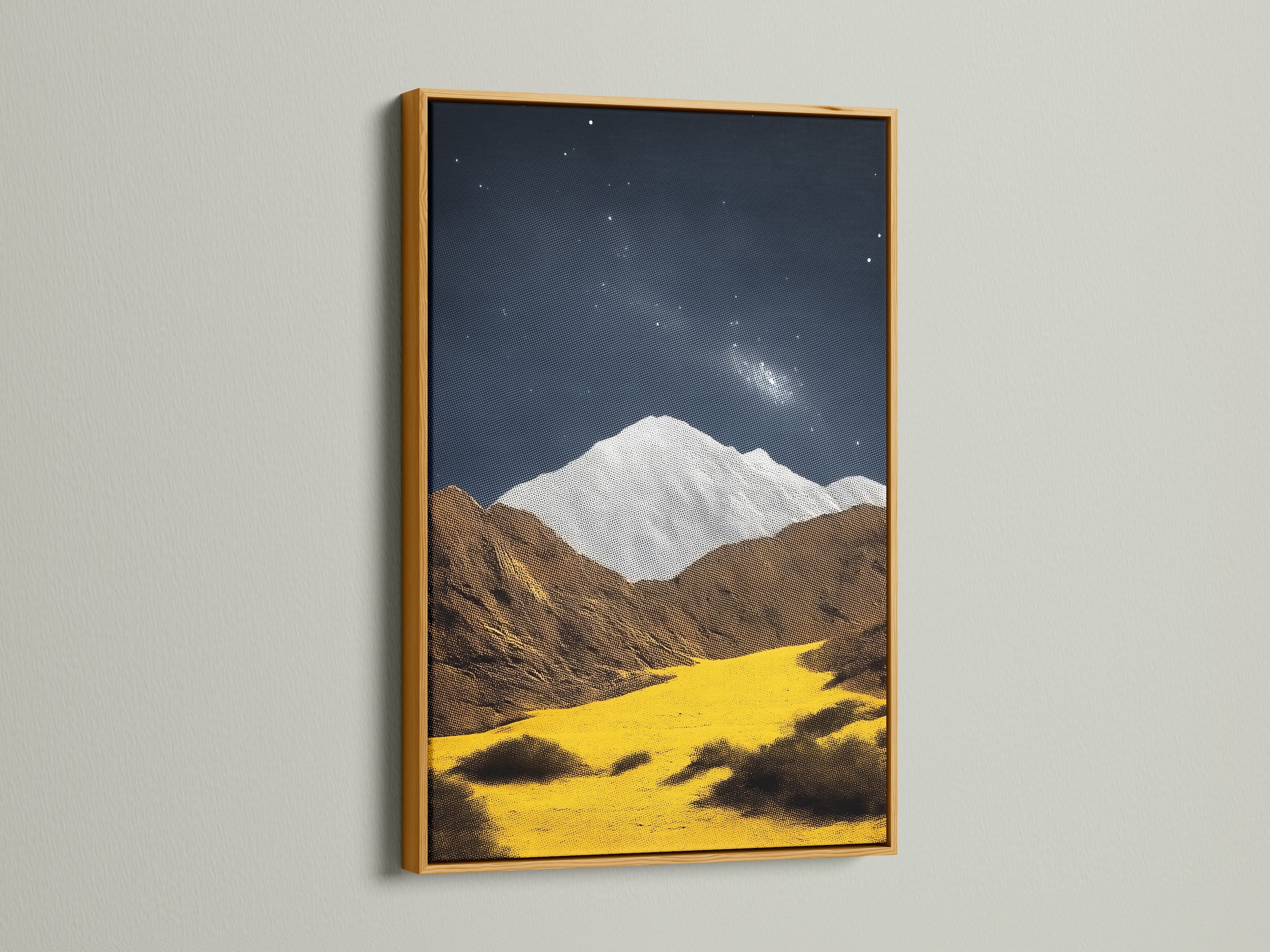 The Mountain Galaxy canvas artwork is stunning in a gold frame. The artwork blends mountain art with a galaxy print. The earth tones complement landscape wall art. Elevate your study room with celestial decor. This piece brings nature and astronomy together in a luxurious style.