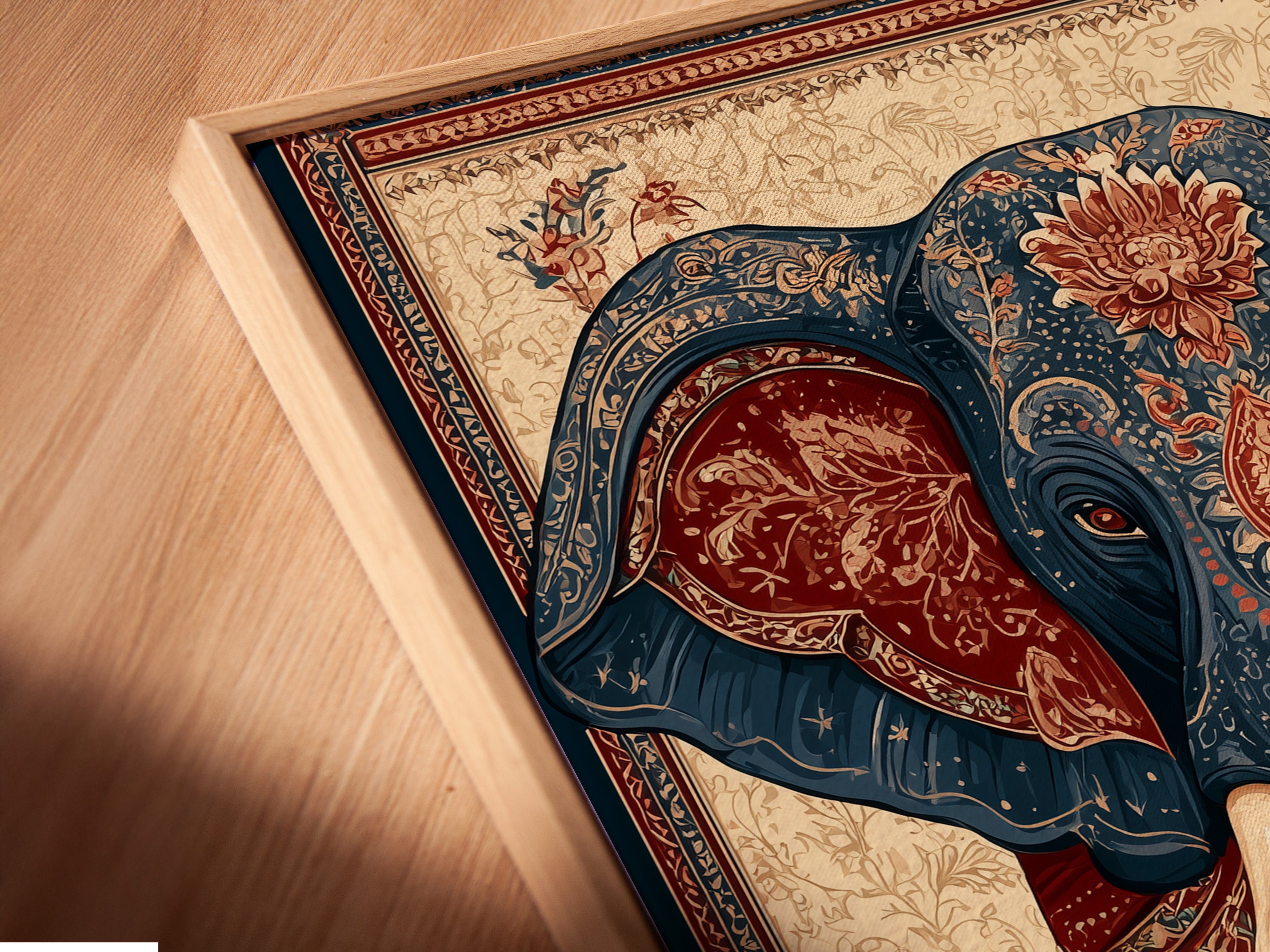 Close-up of a canvas print in a floating frame. The floating frame gives the artwork a modern look. See how the canvas appears to float within the frame. The frame enhances the texture and depth of the canvas. It adds a touch of elegance to your wall art. Appreciate the details of this framing style.