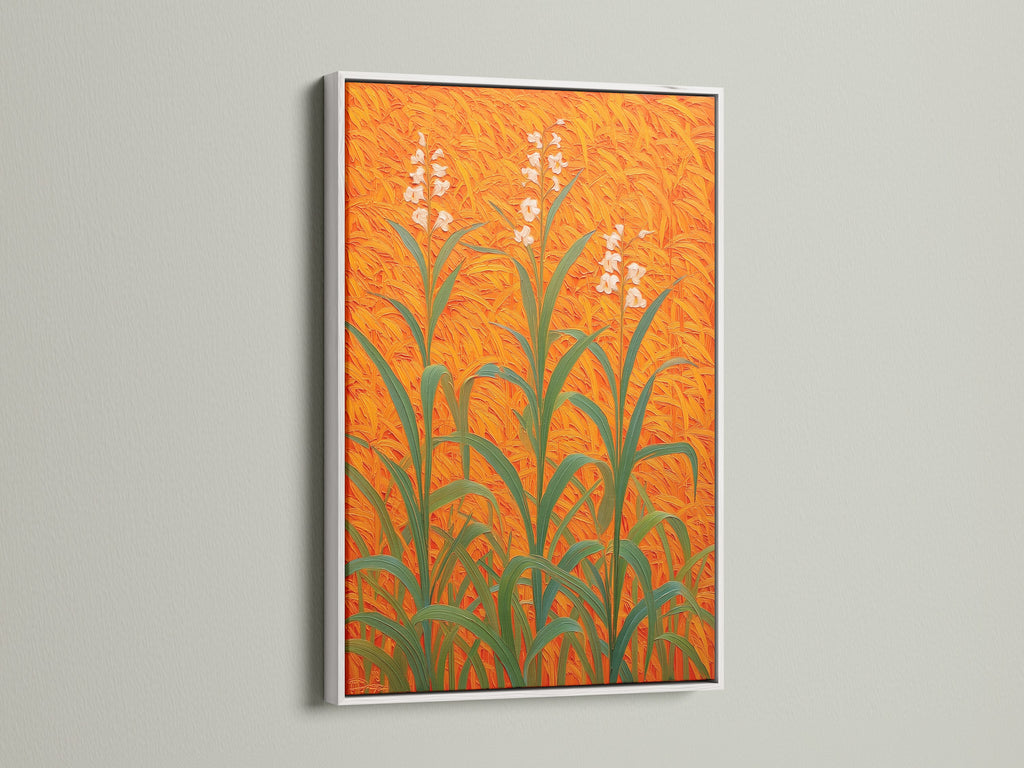 Floral Field Canvas artwork set in a white frame enhancing the botanical print. The orange wall art creates a modern plant artwork piece. Ideal for entryway decor. This floral wall decor brings nature indoors. The field art print on botanical canvas offers a fresh orange home decor idea. It's a stylish plant art print.