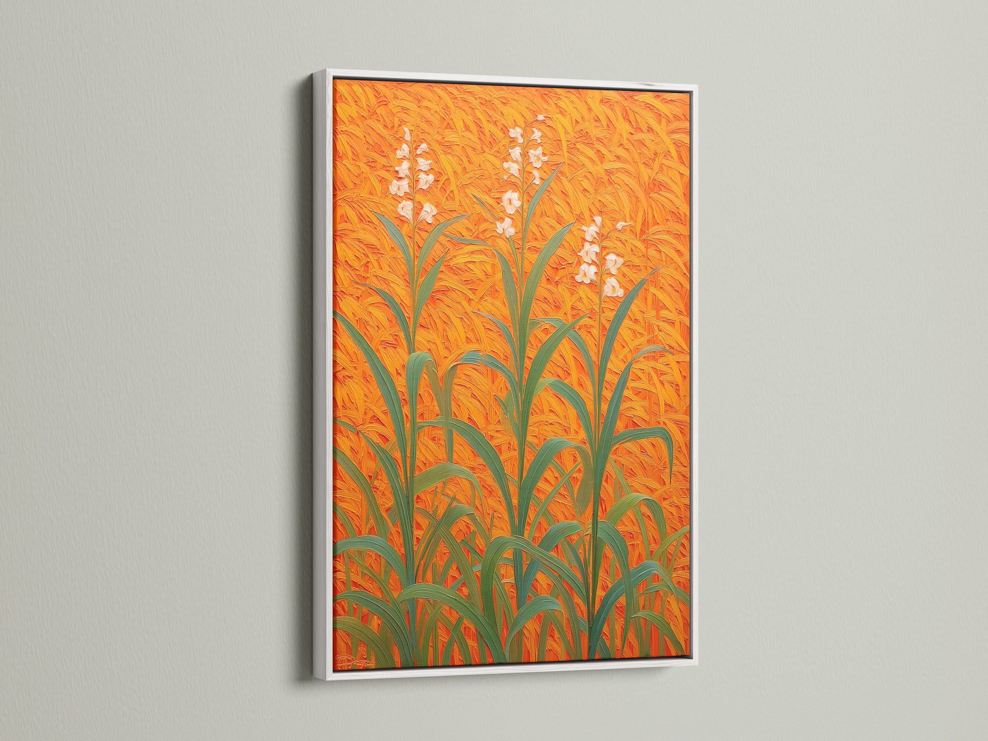 Floral Field Canvas artwork set in a white frame enhancing the botanical print. The orange wall art creates a modern plant artwork piece. Ideal for entryway decor. This floral wall decor brings nature indoors. The field art print on botanical canvas offers a fresh orange home decor idea. It's a stylish plant art print.