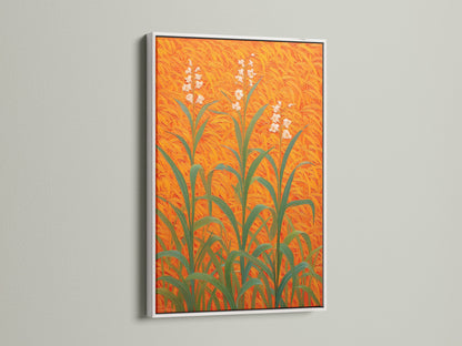 Floral Field Canvas artwork set in a white frame enhancing the botanical print. The orange wall art creates a modern plant artwork piece. Ideal for entryway decor. This floral wall decor brings nature indoors. The field art print on botanical canvas offers a fresh orange home decor idea. It's a stylish plant art print.