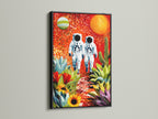 Astronauts artwork is presented in a sleek black frame. The artwork combines space exploration with botanical art. The black frame adds a sophisticated touch. Perfect for creating a focal point in any room.