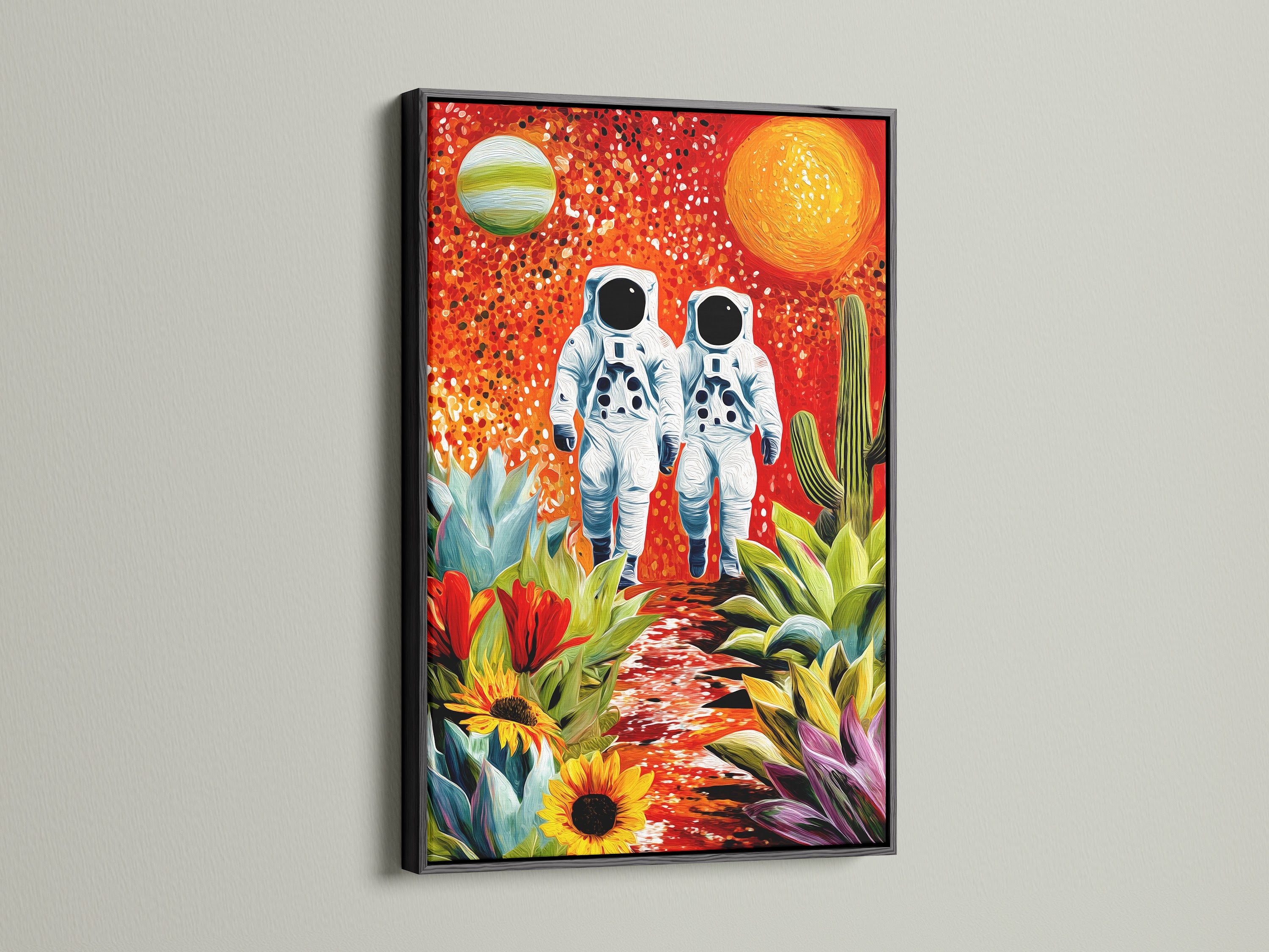 Astronauts artwork is presented in a sleek black frame. The artwork combines space exploration with botanical art. The black frame adds a sophisticated touch. Perfect for creating a focal point in any room.