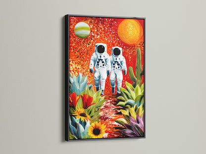 Astronauts artwork is presented in a sleek black frame. The artwork combines space exploration with botanical art. The black frame adds a sophisticated touch. Perfect for creating a focal point in any room.