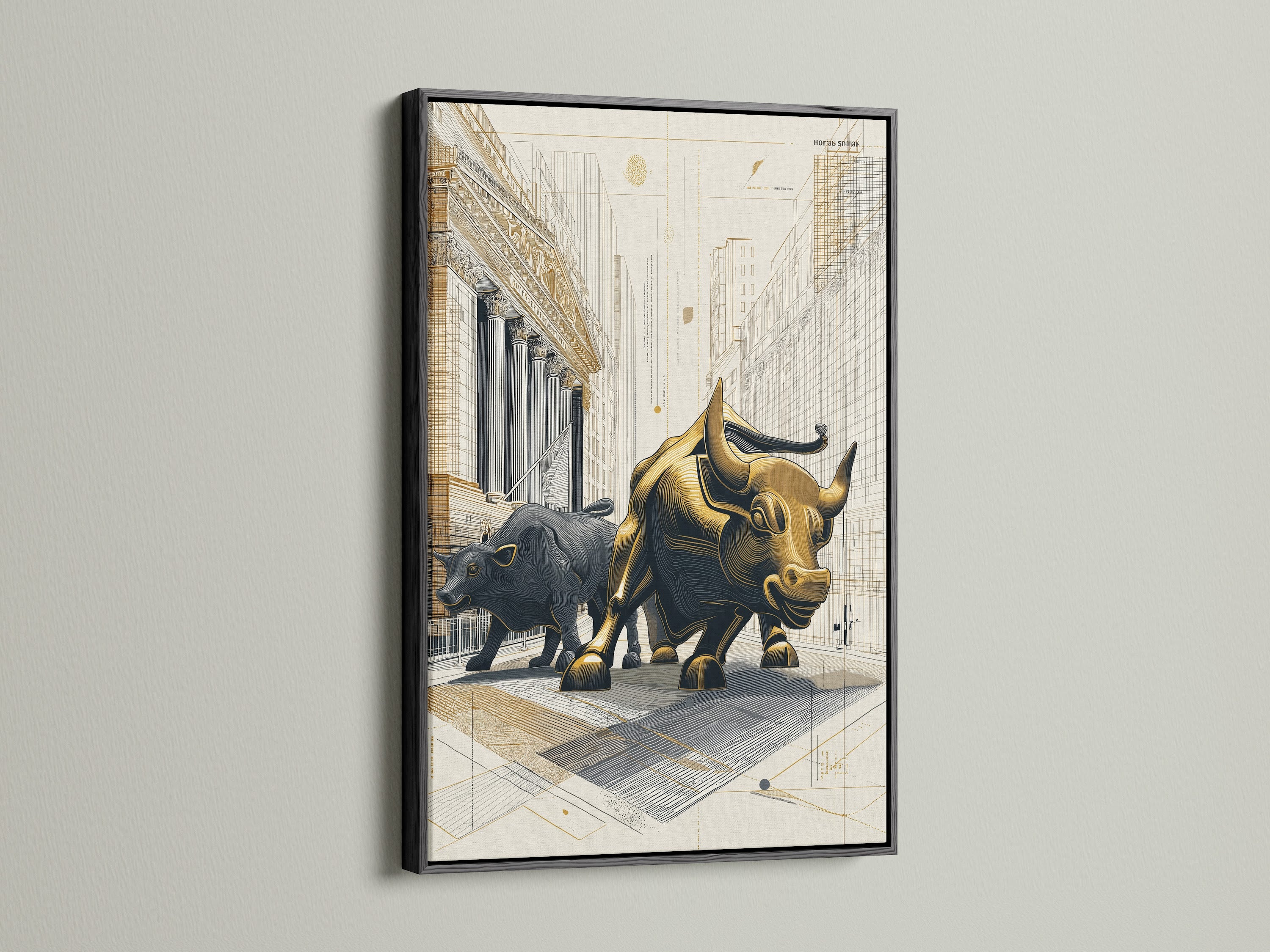 Artwork of a bull statue showcased in a black frame. The black frame provides a bold and sophisticated look. It makes the artwork stand out. Explore the impact of a black frame on this art.
