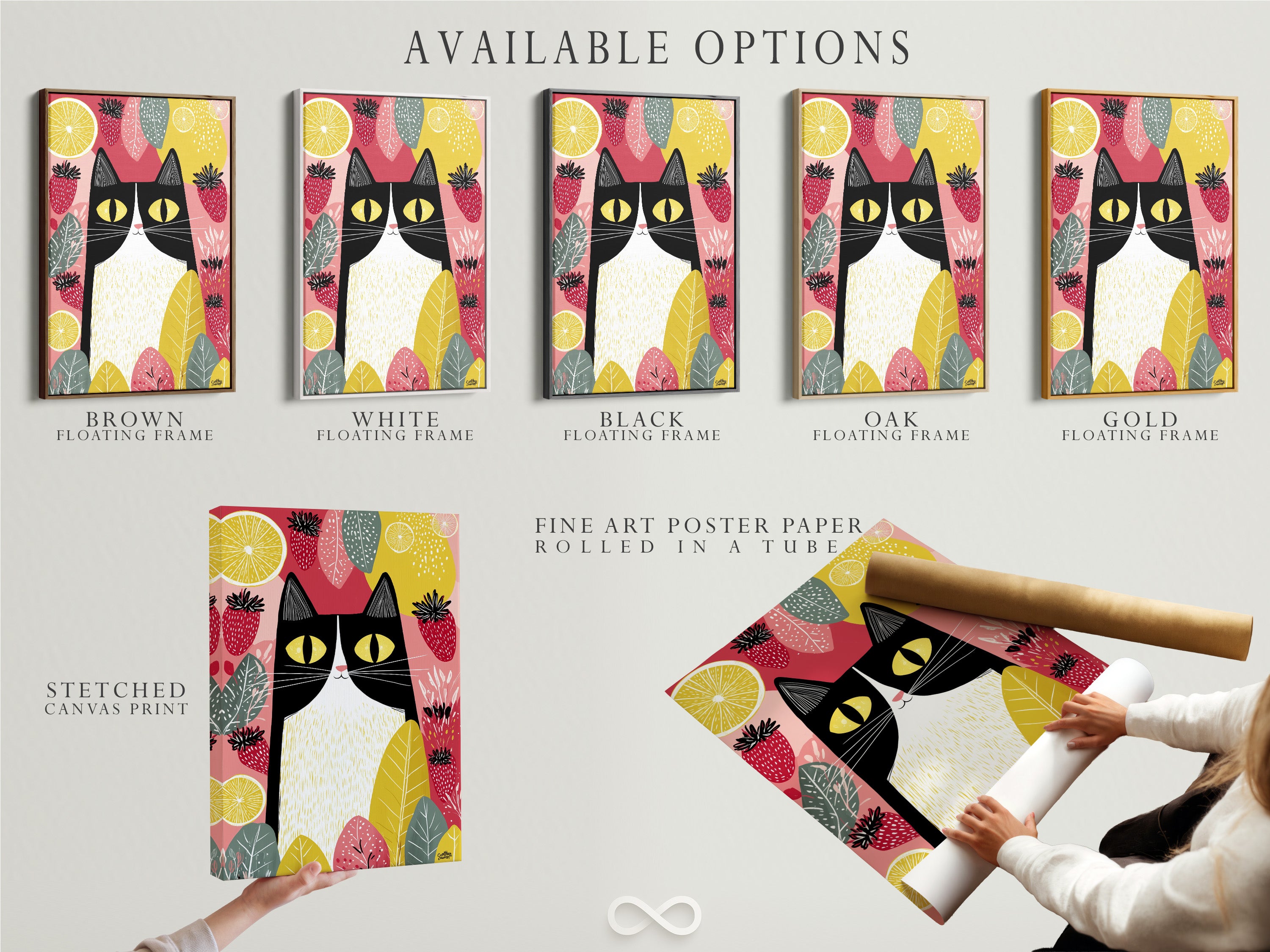 Available options include a stretched canvas print and fine art poster paper. A floating frame enhances the cat artwork. The modern folk cat canvas is perfect for any home. Choose the best option for your kitchen wall decor. It is ideal for adding personality to your space.