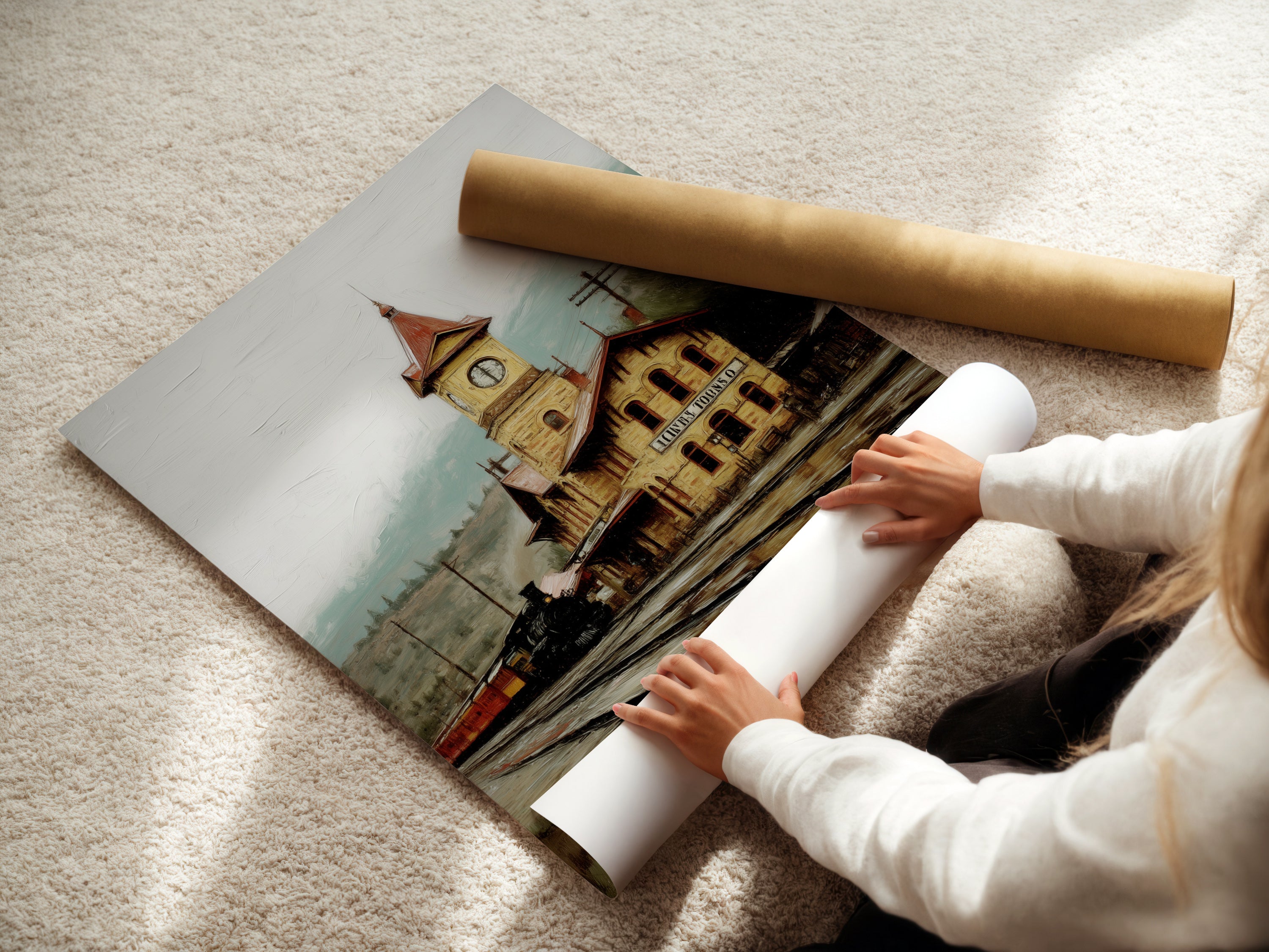 A woman rolling a fine art poster paper. She is preparing a vintage train station artwork print. Our sepia-toned railway posters bring antique charm to any space. Perfect for adding vintage wall art to your office or home. Explore our fine art options to enhance your space with timeless railway art.