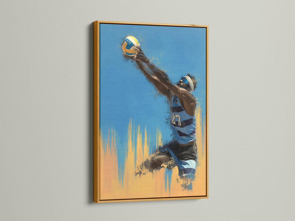 Volleyball art print in a gold frame. The gold frame adds elegance and sophistication to the artwork. This enhances the overall aesthetic. Perfect for adding a touch of luxury to your sports wall decor.