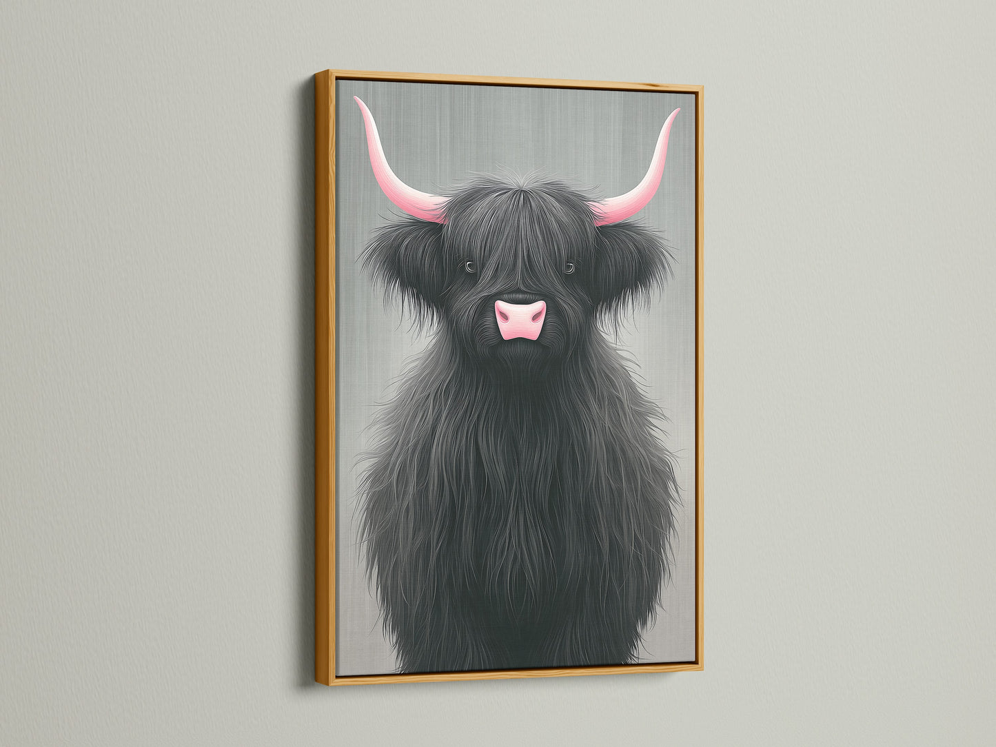 Highland Cow artwork with pink horns in a gold frame. This elegant animal canvas enhances your home decor. The gold frame adds a touch of luxury. This farmhouse wall art is perfect for living spaces. A charming nursery art print.
