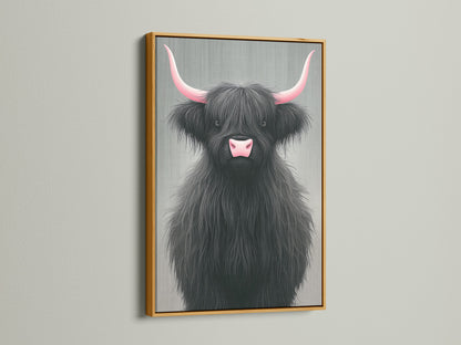 Highland Cow artwork with pink horns in a gold frame. This elegant animal canvas enhances your home decor. The gold frame adds a touch of luxury. This farmhouse wall art is perfect for living spaces. A charming nursery art print.