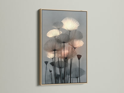 Botanical canvas print with an oak frame. This floral canvas features abstract wall art. The plant print uses modern decor. Perfect as living room wall art or office wall art. Neutral tones enhance the Scandinavian feel of this flower artwork.