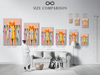 Size comparison chart displayed in an interior setting. The chart shows various sizes of the Medical Heroes artwork. It helps visualize how the art will look in different spaces. This chart assists in choosing the perfect piece for your office. Ideal for planning your healthcare decor.