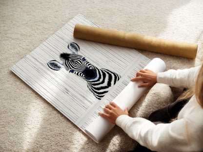 A woman carefully rolling a fine art poster paper. The paper features the Baby Zebra artwork. This shows the care in preparing nursery wall art. Ideal for kids room decor and minimalist spaces. Great as a black and white animal poster.