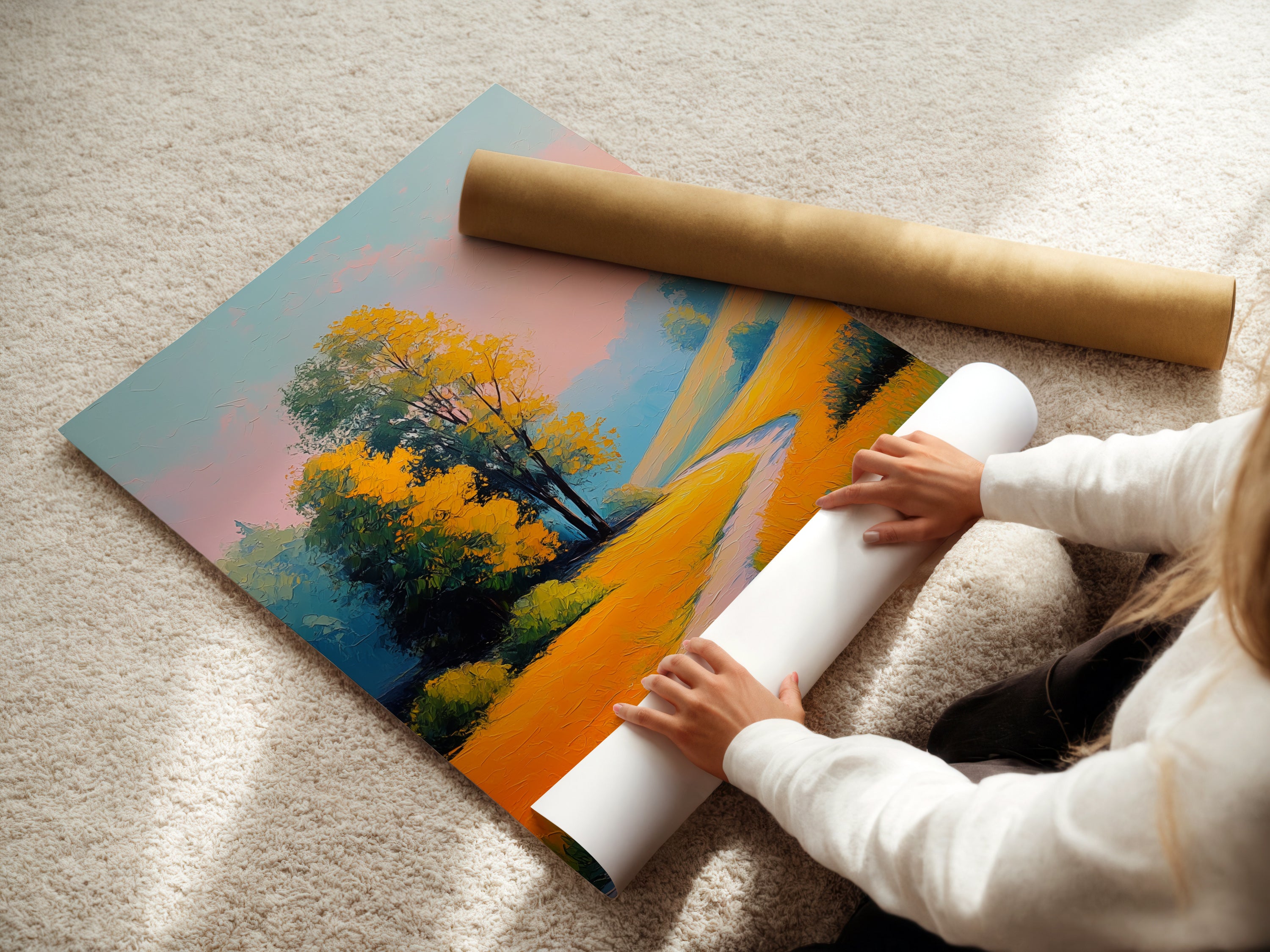 A woman carefully rolls a fine art poster paper. This highlights the attention to detail in preparing the golden meadow path artwork. The fine art poster ensures a high-quality print. Perfect for capturing the essence of this peaceful nature painting for your wall decor.