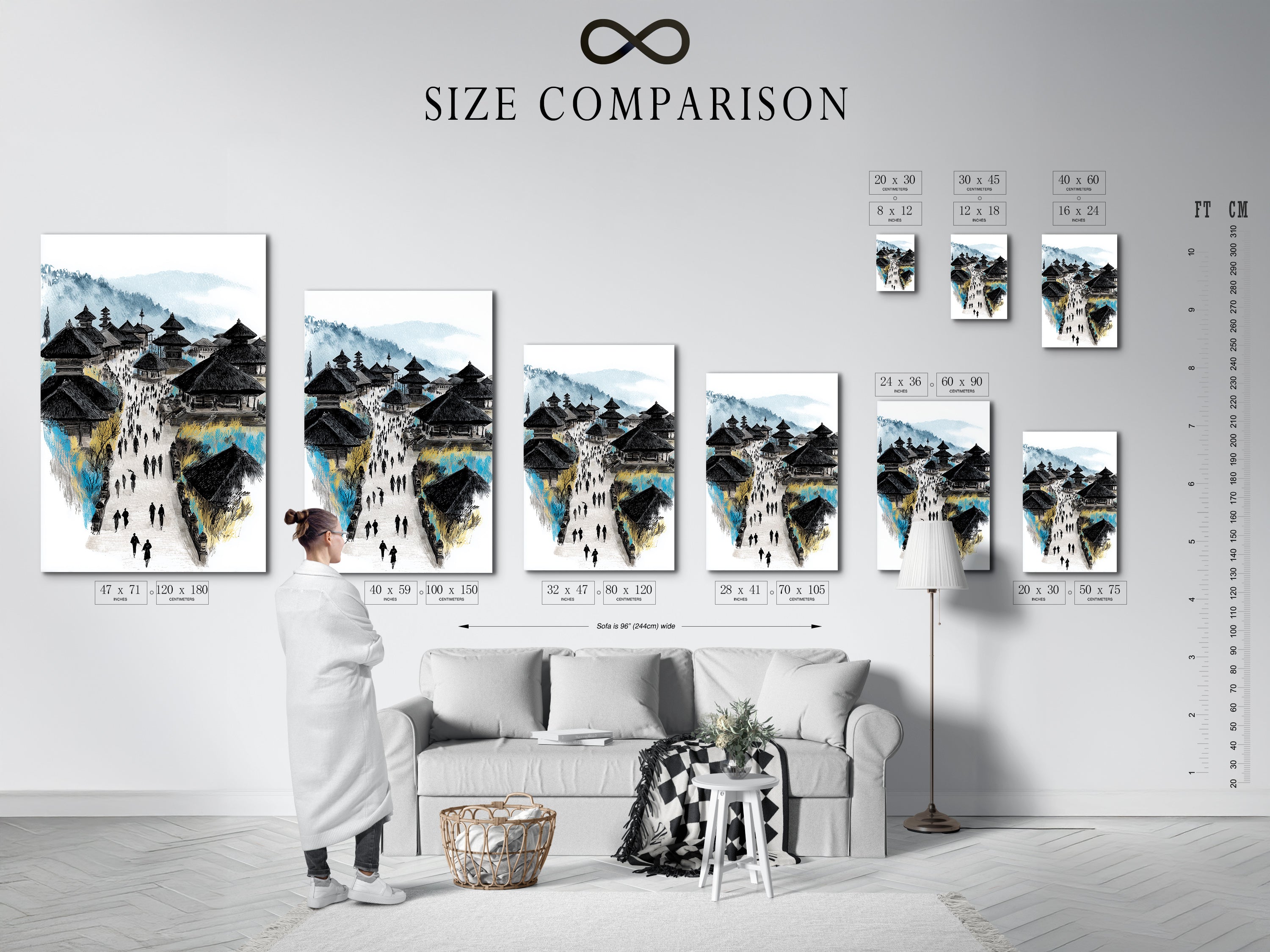 A size comparison chart in an interior setting showcases the Balinese Temple art. This helps visualize the ideal dimensions for your space. Perfect for homeowners and interior decorators. See how this Asian architecture artwork fits into various room sizes and styles.