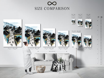 A size comparison chart in an interior setting showcases the Balinese Temple art. This helps visualize the ideal dimensions for your space. Perfect for homeowners and interior decorators. See how this Asian architecture artwork fits into various room sizes and styles.