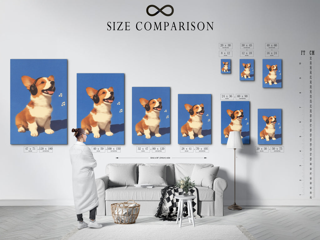 Size comparison chart in interior featuring Corgi Music Artwork Print. Dog listening to headphones canvas wall art. A blue pet portrait for office wall decor. Ideal for dog lovers seeking unique wall art. Appreciate a touch of whimsy in your home.