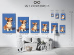 Size comparison chart in interior featuring Corgi Music Artwork Print. Dog listening to headphones canvas wall art. A blue pet portrait for office wall decor. Ideal for dog lovers seeking unique wall art. Appreciate a touch of whimsy in your home.