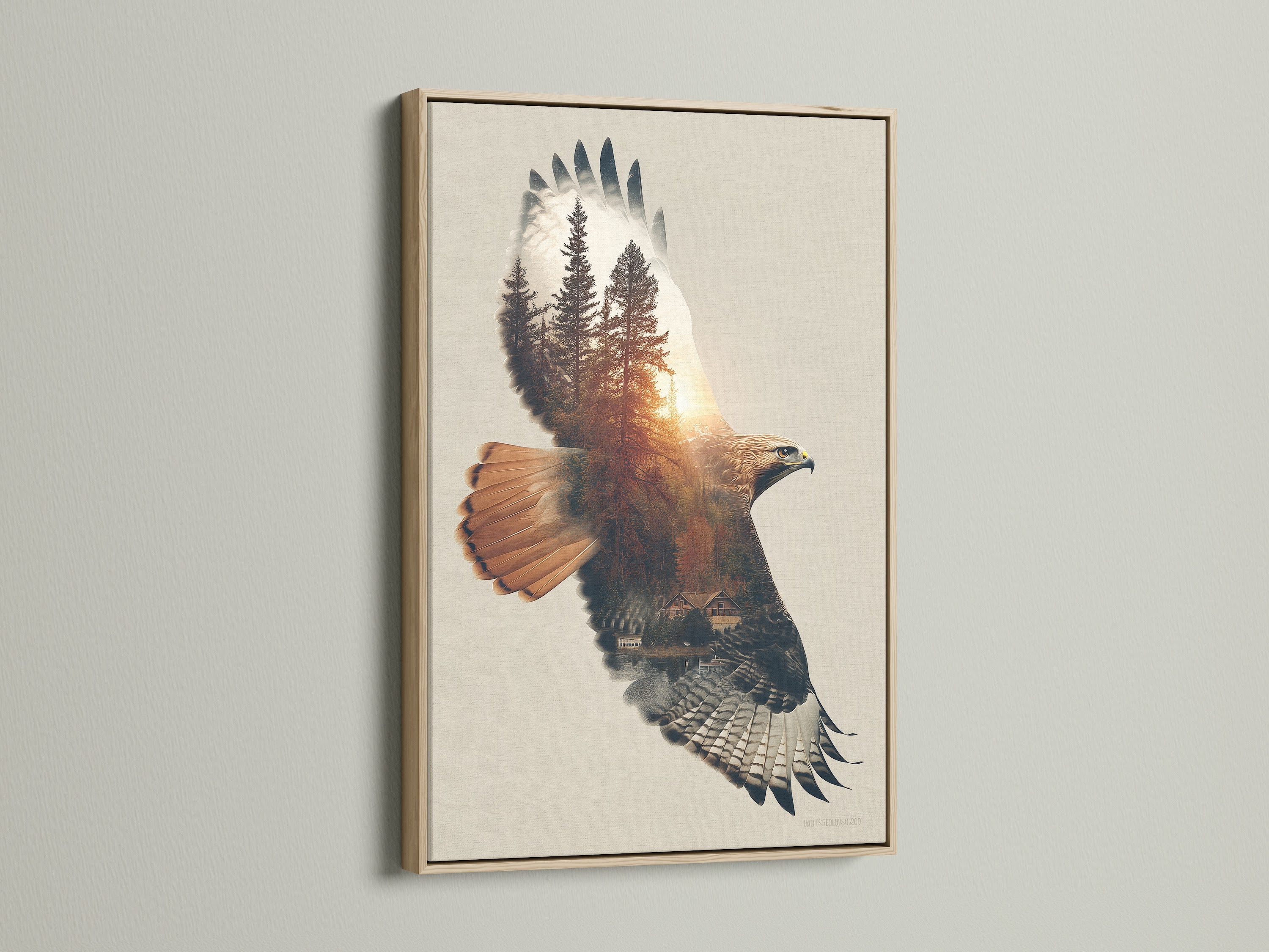 The Eagle Forest artwork print is displayed in an oak frame. This wildlife canvas art piece offers a natural touch. The oak complements the earthy tones of the eagle and forest. Ideal for minimalist or Scandinavian wall decor. Notice the fine details of the artwork print.