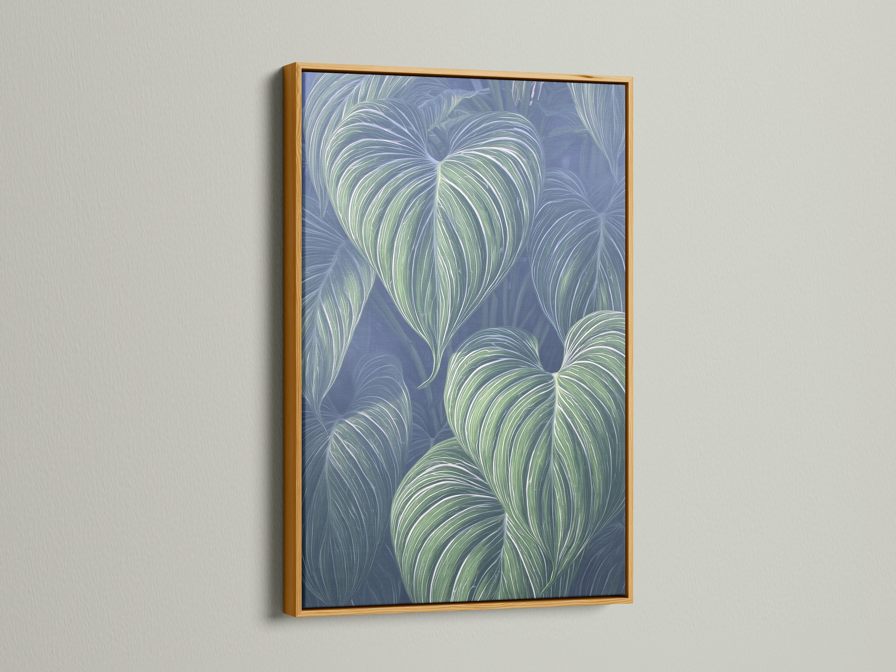 A gold frame highlights this beautiful tropical leaf art. The botanical canvas looks luxurious. It makes a great plant lover gift. The gold frame enhances any space. Consider this for your wall decor.