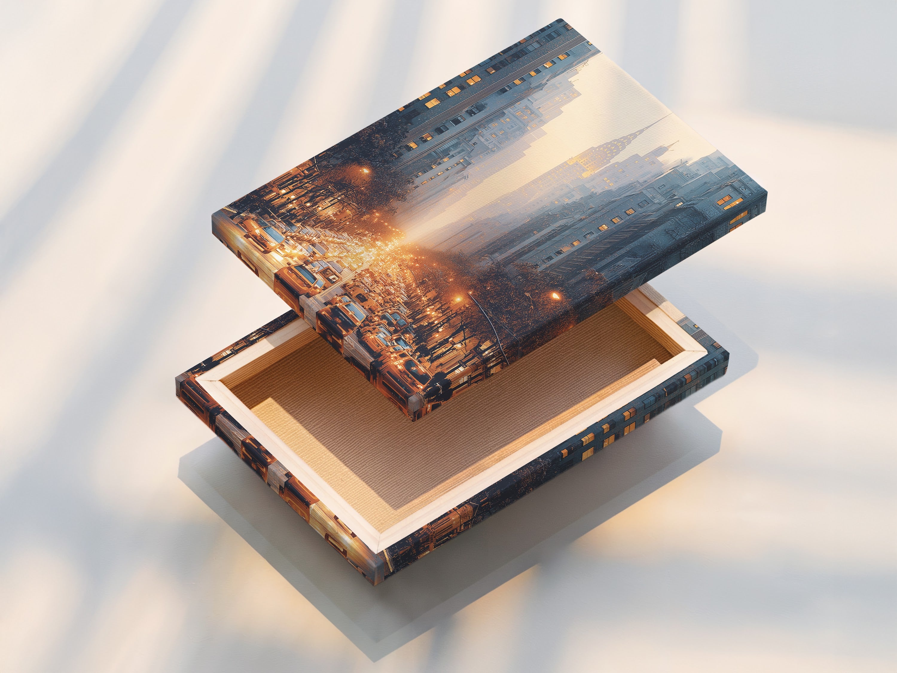 A stretched canvas print displays a captivating city street artwork. The urban skyline features a stunning golden hour. Ideal for business owners seeking elevated wall art. Perfectly fits minimalist contemporary styles.