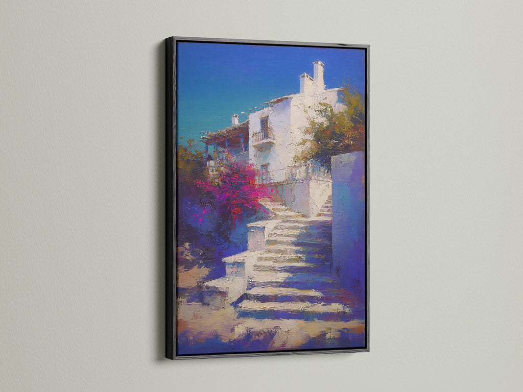 Mediterranean Village artwork with a black frame. The Greek Island staircase print offers coastal wall decor. Blue and white artwork adds style to any bedroom. A black frame creates a modern look.