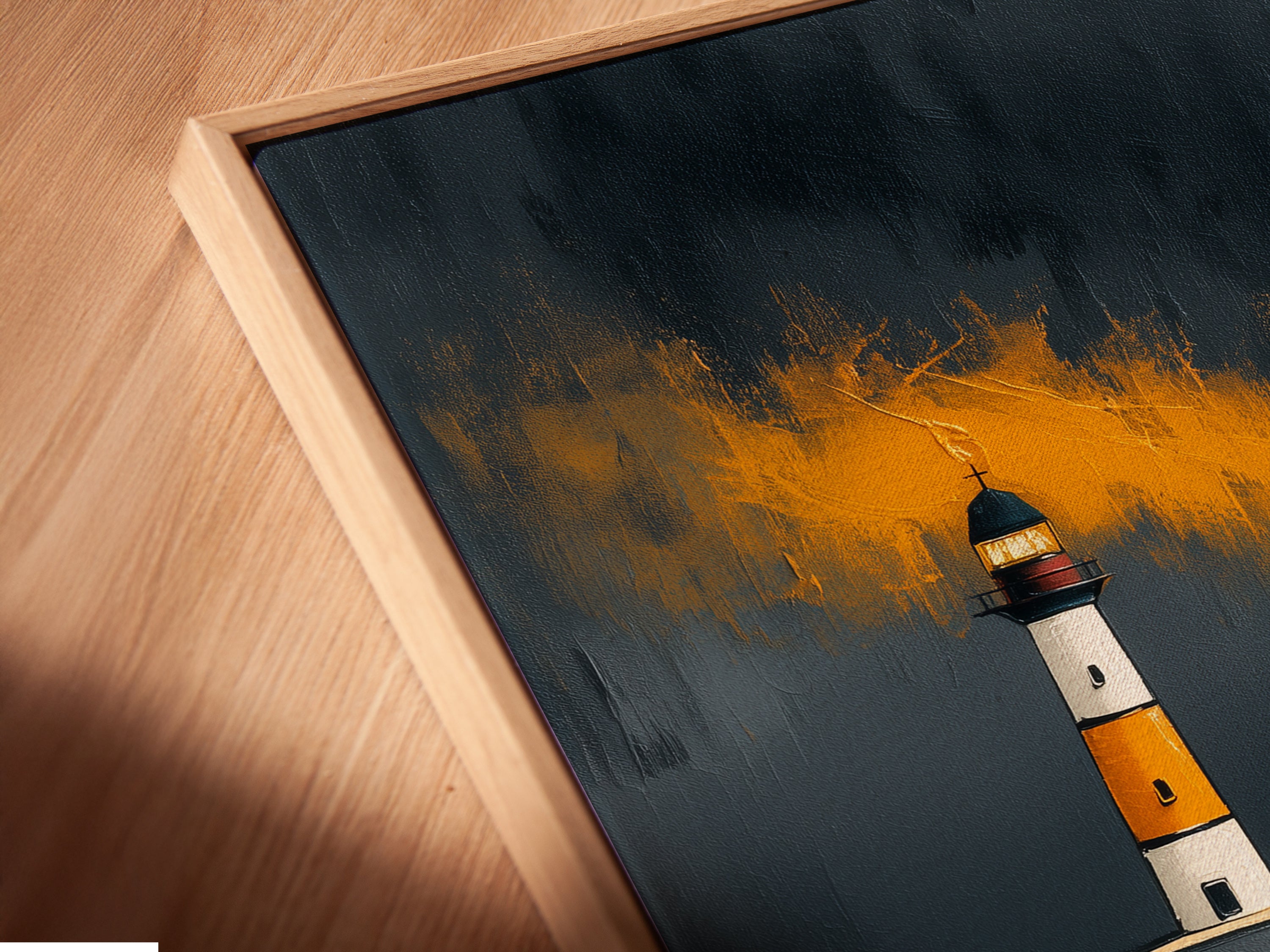 A close-up of a Lighthouse coastal art canvas print in a floating frame. This modern wall art piece is perfect for any room. The abstract nautical artwork adds a calming sea landscape to your home. Elevate your interior decor.