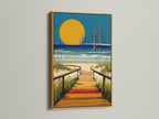 The gold frame accentuates the beauty of this beach canvas print. The coastal wall decor brings warmth to any room. The bridge art print offers a unique focal point. Discover the allure of this seaside wall art.