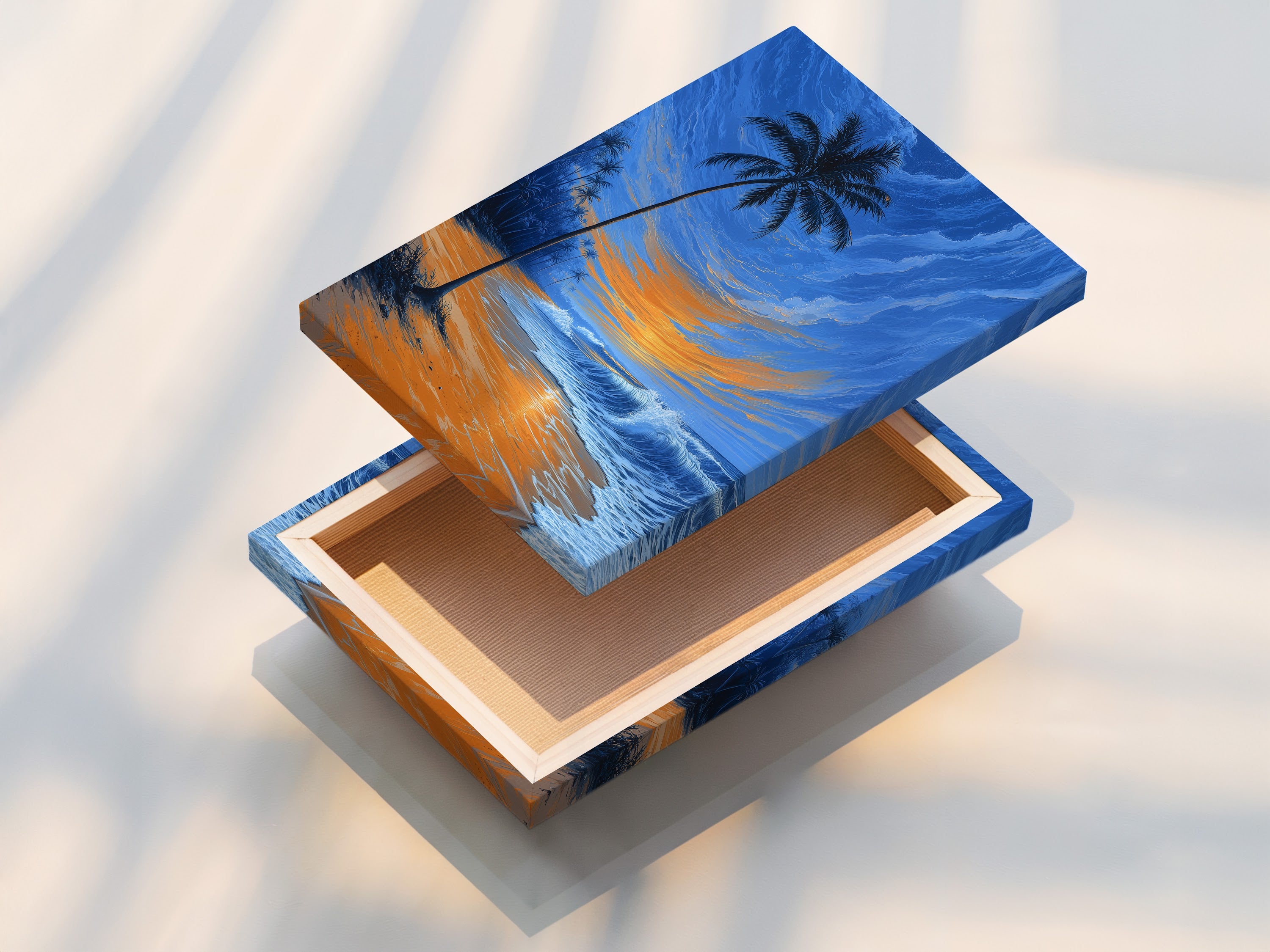 This is a stretched canvas print featuring tropical beach art. The artwork shows a palm tree at sunset with gentle ocean waves. This coastal wall decor is ready to hang. It brings a touch of the tropics to any room without needing a frame.