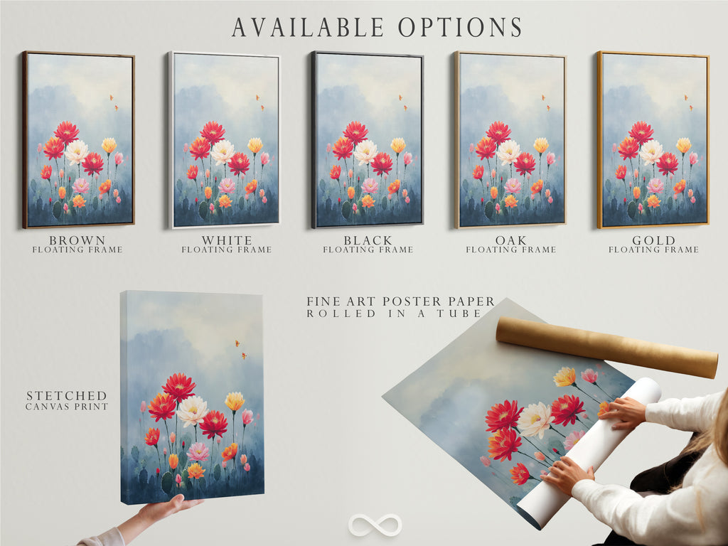 Available options include a stretched canvas print fine art poster paper and a floating frame featuring a floral garden artwork. The artwork features colorful flowers like red white orange and pink. Choose the perfect format to complement your decor. Enhance your space with botanical artwork.