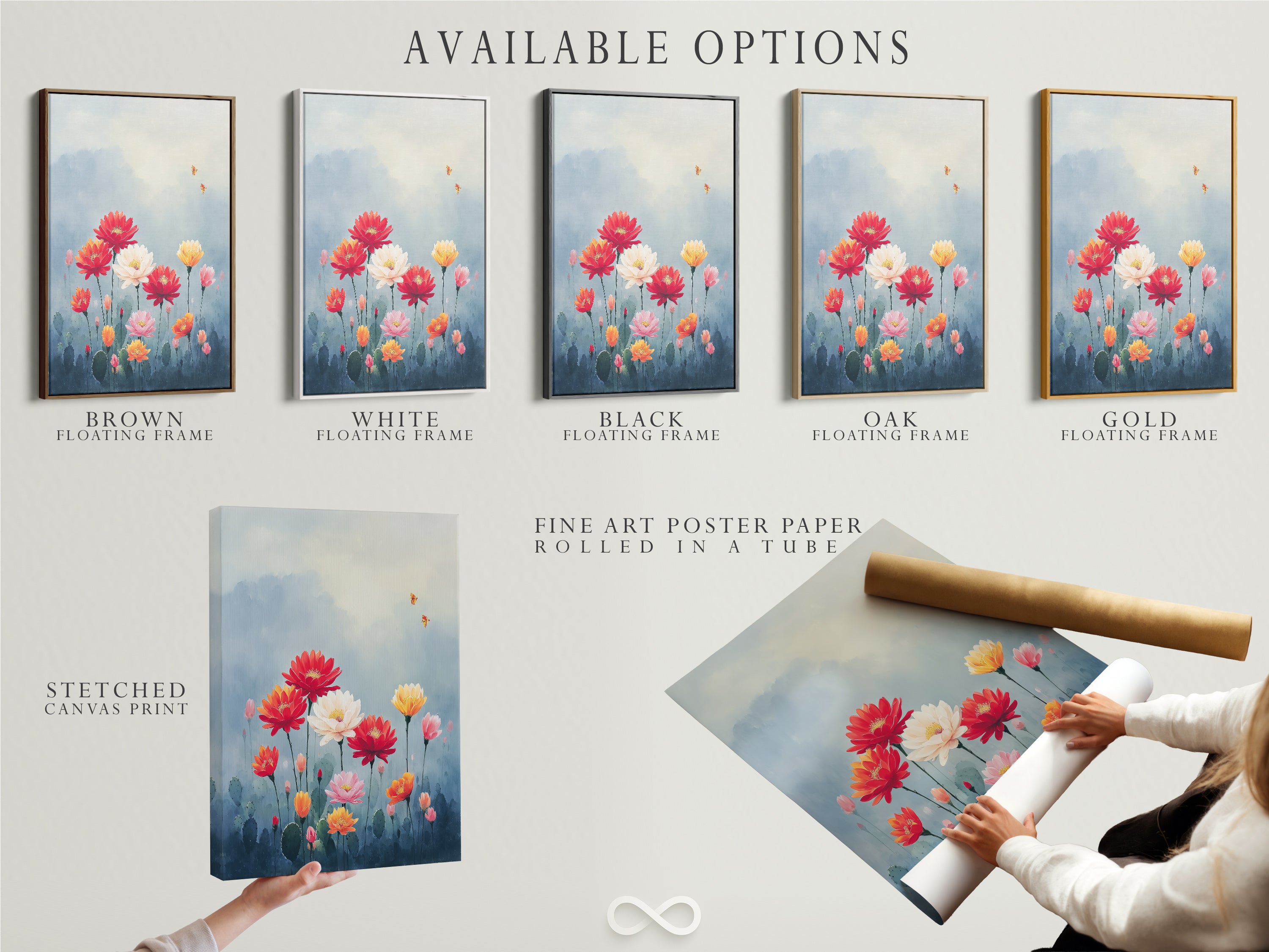 Explore available options for the Floral Garden artwork. Choose from stretched canvas prints fine art poster paper or a floating frame. Customize your botanical artwork to match your style.