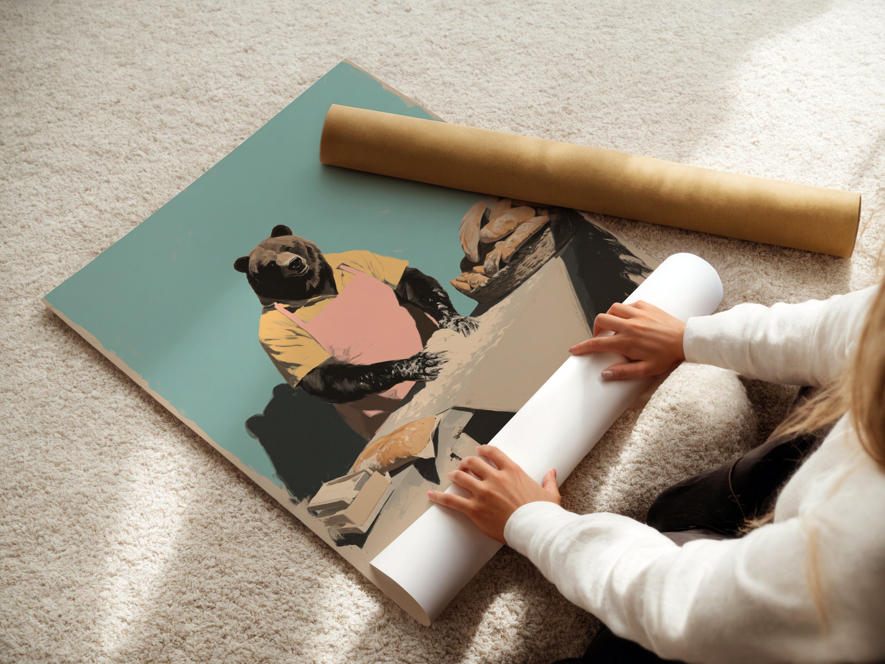 A woman is carefully rolling a fine art poster paper. This ensures the bear baker artwork remains pristine. The poster is ready for framing or display. The art print captures a whimsical kitchen scene. It features an animal chef.