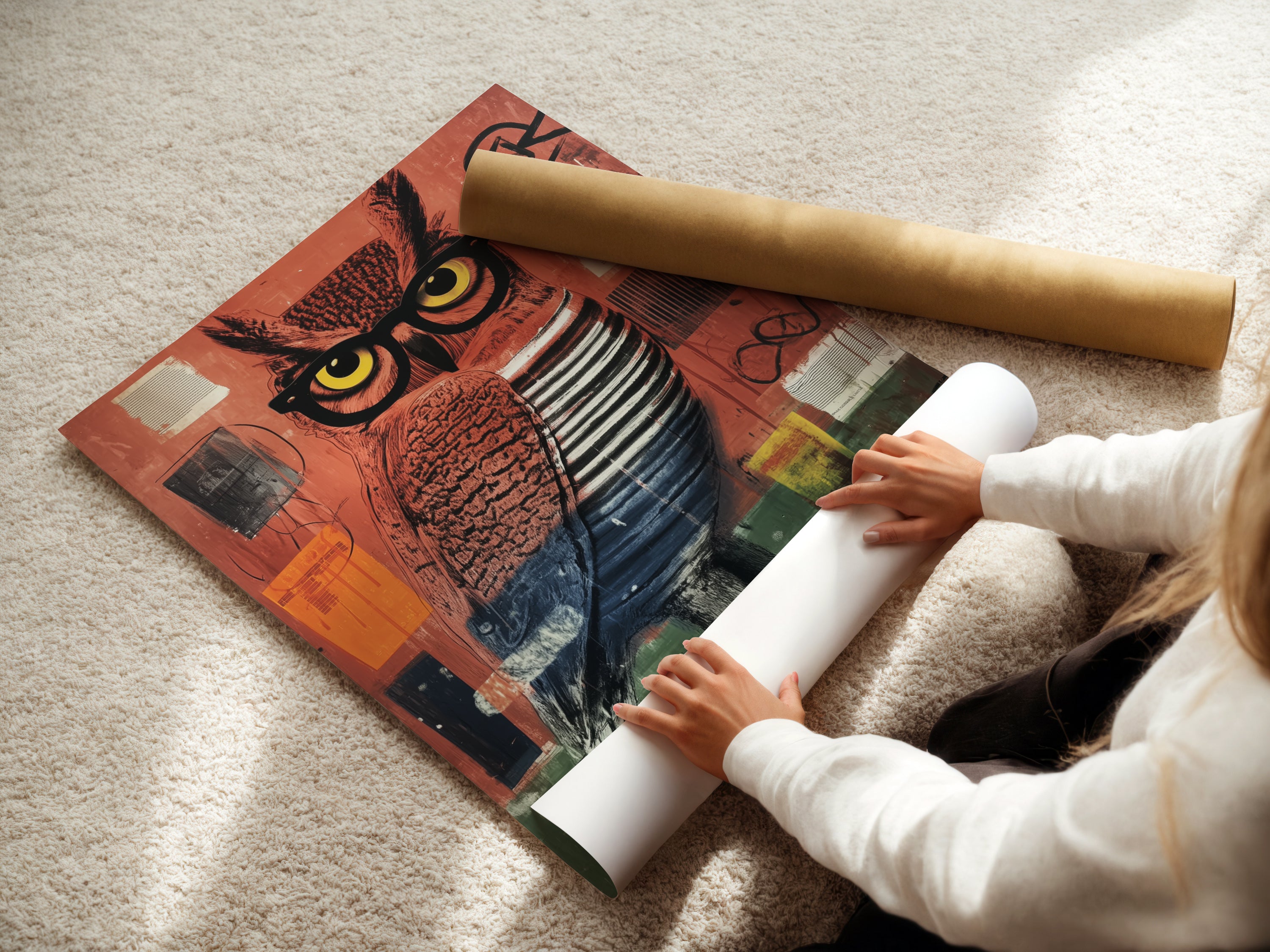 A woman is carefully rolling a fine art poster paper. This ensures the owl artwork arrives in perfect condition. Choose our contemporary mixed media print. This modern bird canvas print will enhance your home or office wall decor.
