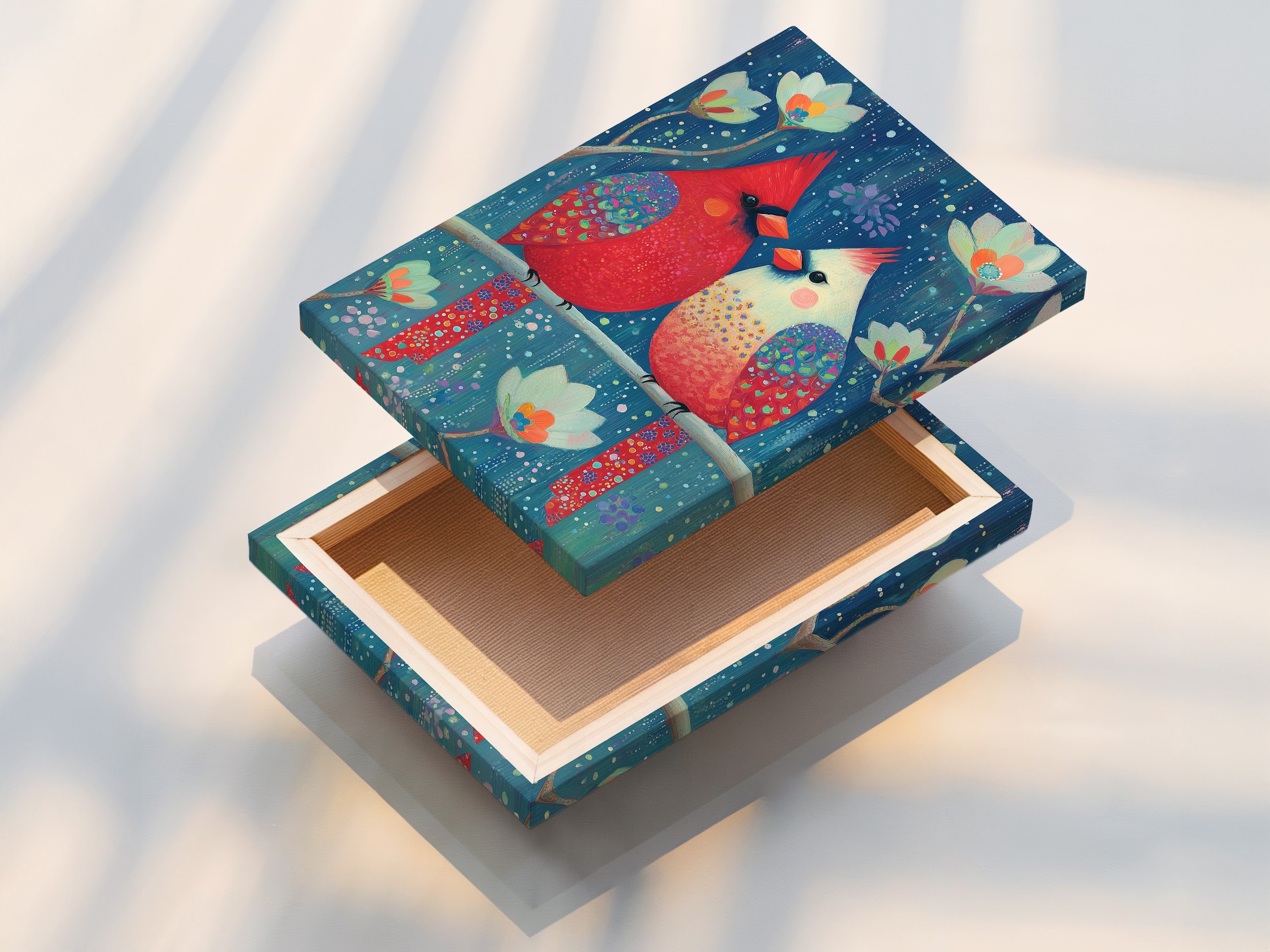 A stretched canvas print of the cardinal bird artwork is displayed. The canvas brings texture and depth to the artwork. This ready-to-hang piece simplifies decorating. The colors stay vibrant for years to come. Perfect for adding a focal point to any room.