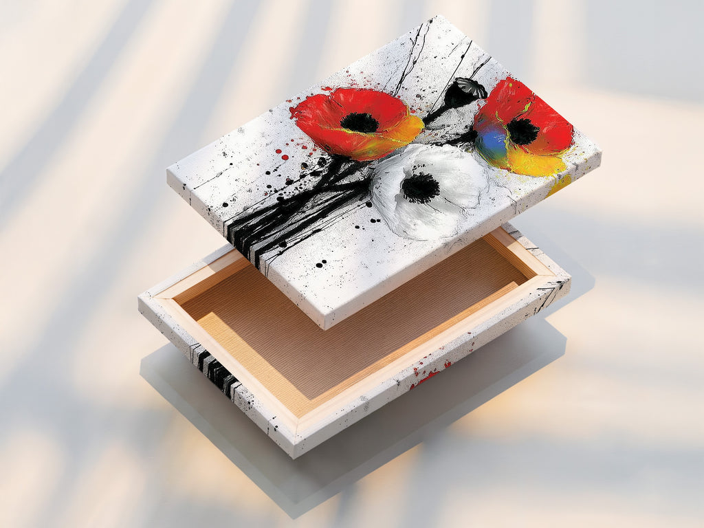 A beautifully stretched canvas print of Abstract Poppy artwork. The red and white flowers create a modern floral wall art piece. This contemporary artwork is perfect for any space. It enhances bedroom wall decor or office wall art. Ready to hang and enjoy in your home.