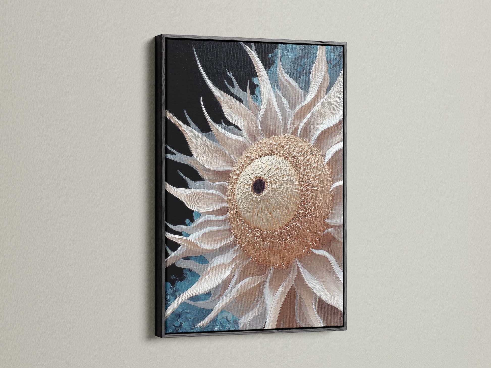 This modern botanical artwork features a beige sunflower in a sleek black frame. The floral canvas print adds a striking contrast to the wall. Ideal for a modern dining area. The neutral wall art suits any scandi or minimalist setting. A beautiful flower artwork for your living space.