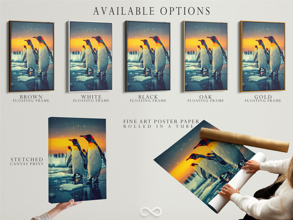 Available options for penguin wall art. Options include stretched canvas print fine art poster paper and a floating frame. Customize your arctic animal art to match your style. Find the perfect piece.