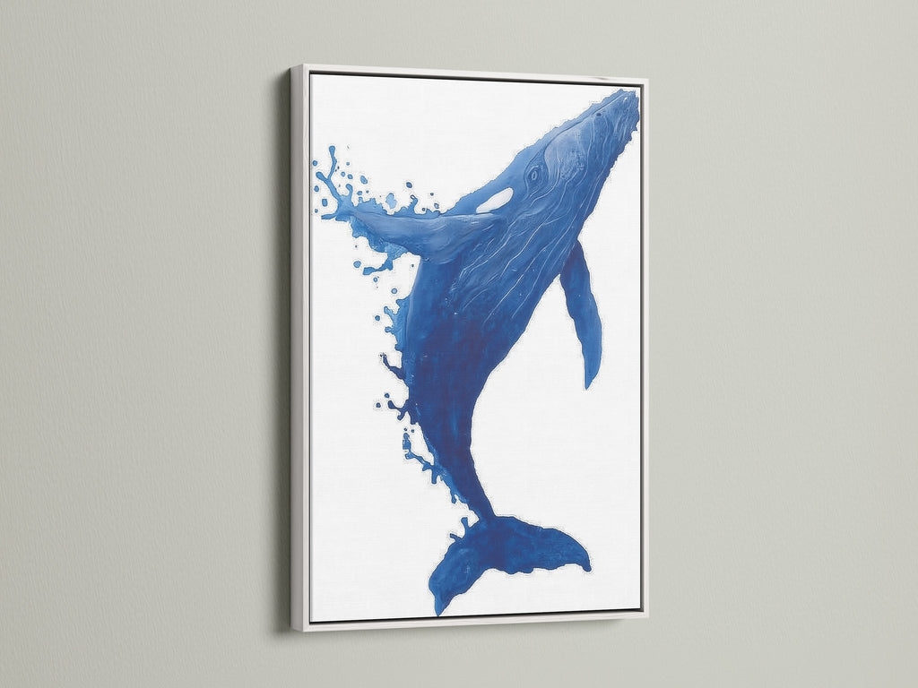 Brighten your walls with our Whale Canvas Print in a white frame. The blue ocean artwork complements coastal and Scandinavian interiors. Perfect for adding a nautical touch to nurseries or beach houses. Discover the elegance of fine art in your home. This aquatic art enhances any space.