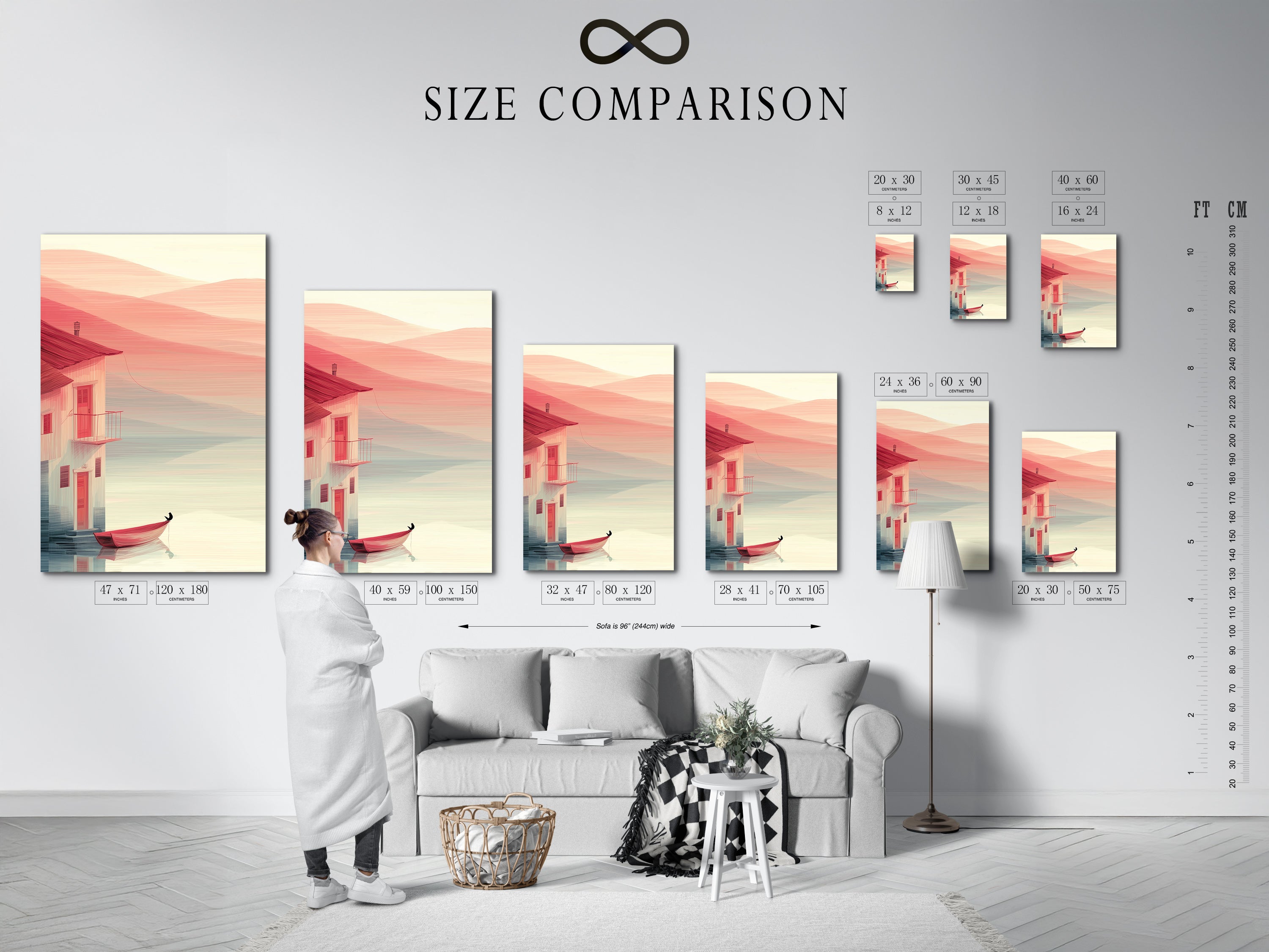 A size comparison chart is displayed in an interior setting. The chart helps visualize the coastal house canvas artwork with a red boat. Various sizes available for minimalist seascape prints. Find the perfect fit for your living room wall art. Ideal for beach house decor and coastal home decor. Discover serene art.